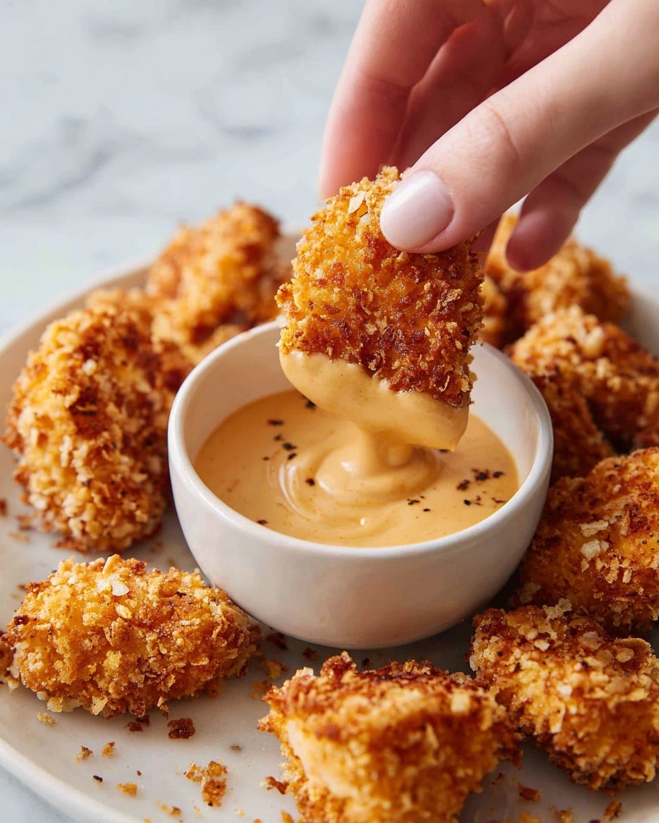 A close-up image shows a golden brown, crispy nugget being held by a woman's hand and dipped into creamy, light brown sauce inside a white bowl in the center. Around the bowl, several more crispy nuggets lay scattered on a white marbled surface. The nuggets have a rough, crunchy texture with small crumbs visible. The sauce has a smooth and thick appearance, slightly clinging to the nugget. The background is plain and softly lit, highlighting the warm tones of the food. photo taken with an iphone --ar 4:5 --v 7
