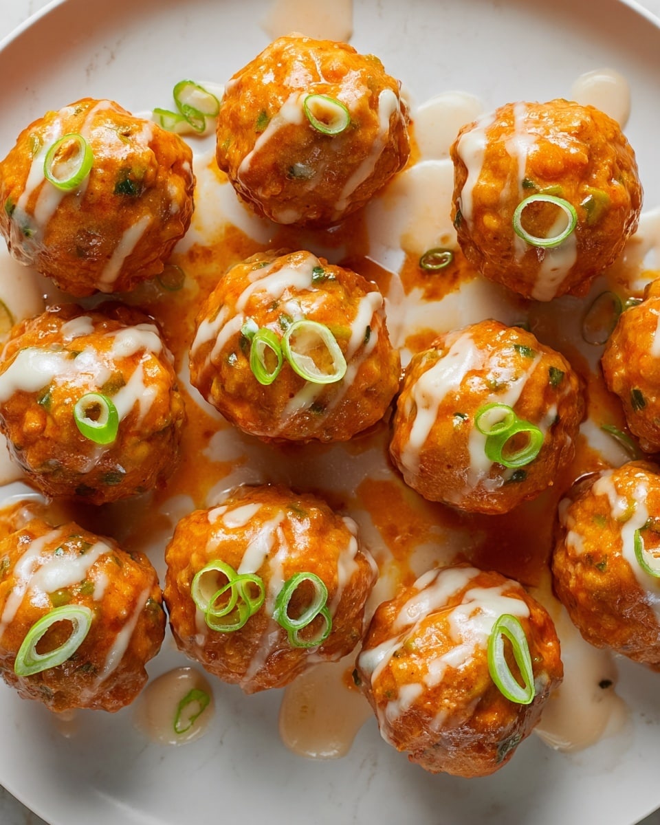 A white plate holds about ten orange meatballs unevenly covered with white creamy sauce, some with sliced green onion on top. The bottom of the plate has a spread of orange sauce with a few smears. On the left side, long celery sticks rest vertically against the meatballs. A small white bowl filled with white sauce is positioned on the upper right corner of the plate, with a swirl of orange sauce mixed into the cream on top. The whole scene sits on a white marbled surface. Photo taken with an iphone --ar 4:5 --v 7
