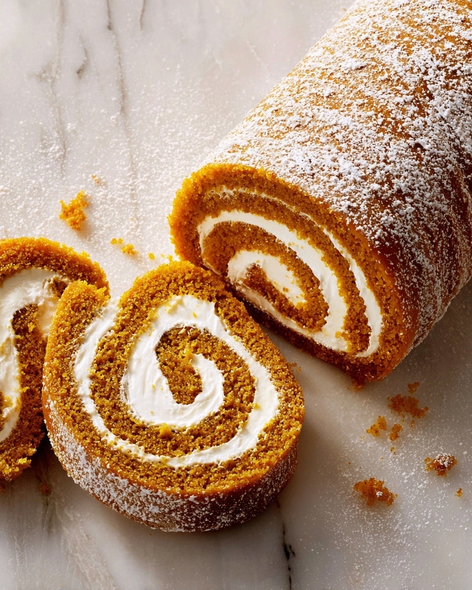 The image shows a pumpkin roll cake sliced to reveal a spiral pattern of two layers: a soft, moist orange-brown cake on the outside and a thick, creamy white filling inside that swirls evenly throughout. The roll is dusted lightly with powdered sugar, adding a delicate white contrast to the warm tones of the cake. The pieces rest on a white marbled surface, with crumbs scattered around, showing the texture and freshness of the cake. photo taken with an iphone --ar 4:5 --v 7