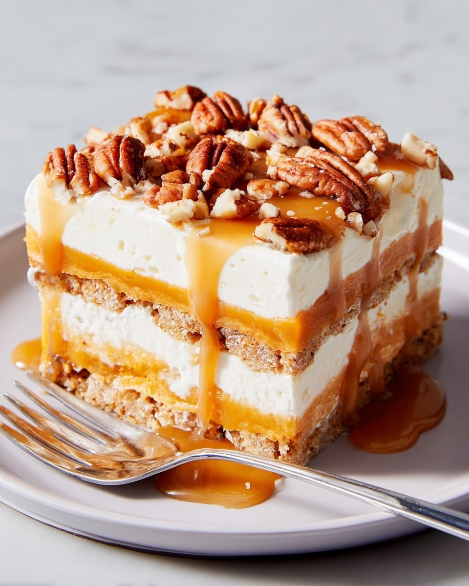 A square piece of layered dessert sits on a white plate, placed on a white marbled surface. The dessert has five layers: a crunchy light brown base, a thick creamy orange layer, another crunchy light brown layer, a thick white cream layer, and a final white cream topping. Drizzled caramel sauce runs down the sides, and chopped pecans are scattered generously on top. A silver fork pokes into the dessert, pressing slightly into the creamy top layer. photo taken with an iphone --ar 4:5 --v 7