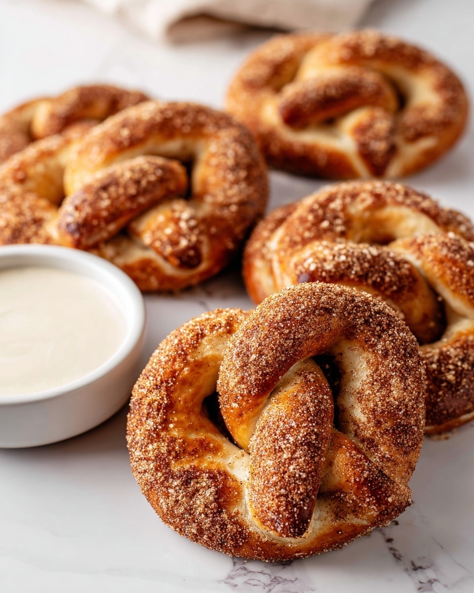 A woman's hand is holding a round cinnamon sugar donut with a slightly rough texture, dipping it into a small white bowl filled with smooth, creamy white icing. The bowl is surrounded by several more cinnamon sugar donuts, each coated in a sparkling layer of sugar and cinnamon, placed on a white marbled surface. The donuts have a golden-brown color with a soft, fluffy look and small holes in the center, and the white icing contrasts with the warm tones of the donuts. photo taken with an iphone --ar 4:5 --v 7