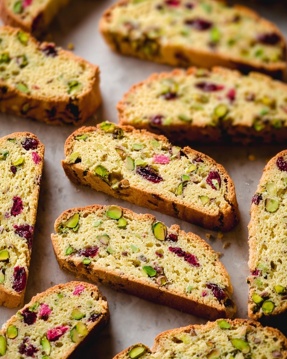 Several slices of biscotti are arranged closely on a light brown baking sheet. Each biscotti slice shows a pale yellow inside with a rough texture dotted with vibrant green pistachios and small dark red cranberries. The edges are slightly darker golden brown, crisp and firm. The biscotti slices are positioned at an angle, some overlapping enough to show their thick, uneven shape and rough crumb. The background is a white marbled texture. photo taken with an iphone --ar 4:5 --v 7