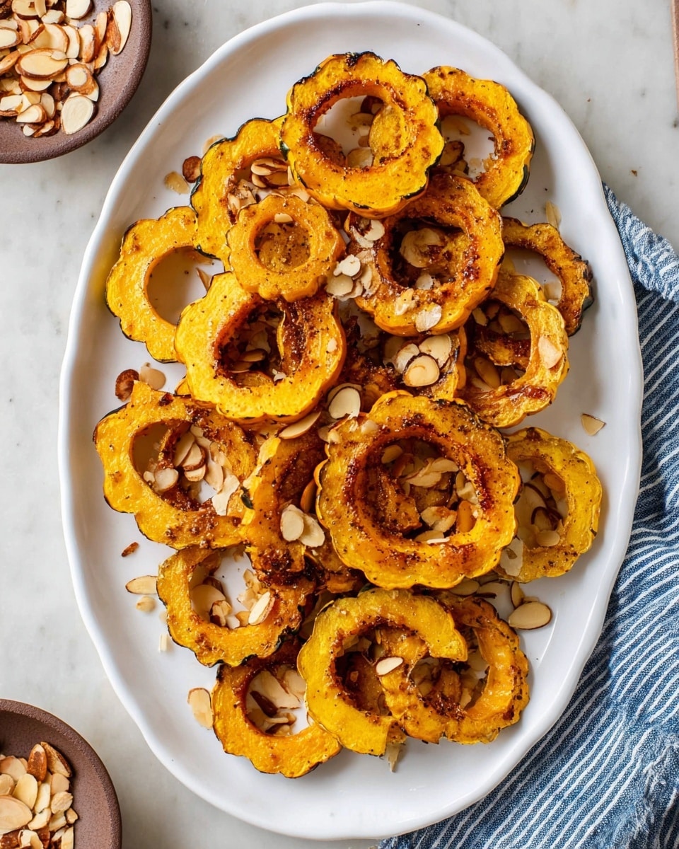 A white oval plate is filled with many roasted orange-yellow rings of delicata squash, each with a soft texture and slightly browned edges. Scattered over and between the squash rings are toasted almond slices with a golden brown color and crisp texture. The plate sits on a white marbled surface with a small brown bowl containing more almond slices near the bottom left and a blue and white striped cloth partially visible on the right side. photo taken with an iphone --ar 4:5 --v 7