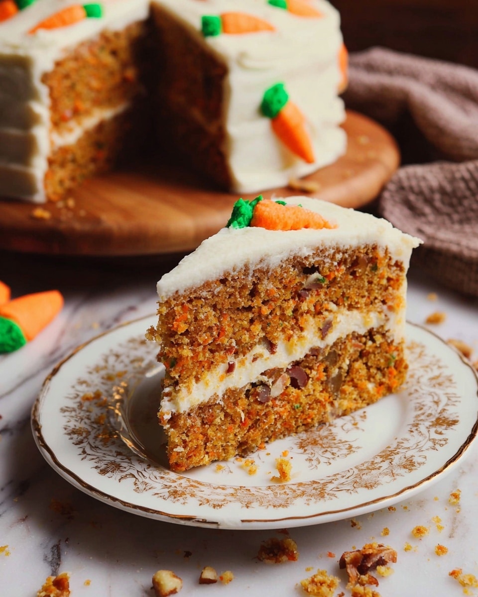 A two-layer carrot cake with a light brown texture, showing visible bits of grated carrot and nuts inside. Between the layers is a thick white cream cheese frosting. The top layer is also covered with white cream cheese frosting, decorated with small orange and green carrot-shaped icing pieces and sprinkled with chopped walnuts. The cake is placed on a round wooden slab with a rough bark edge, set against a white marbled surface. Photo taken with an iphone --ar 4:5 --v 7