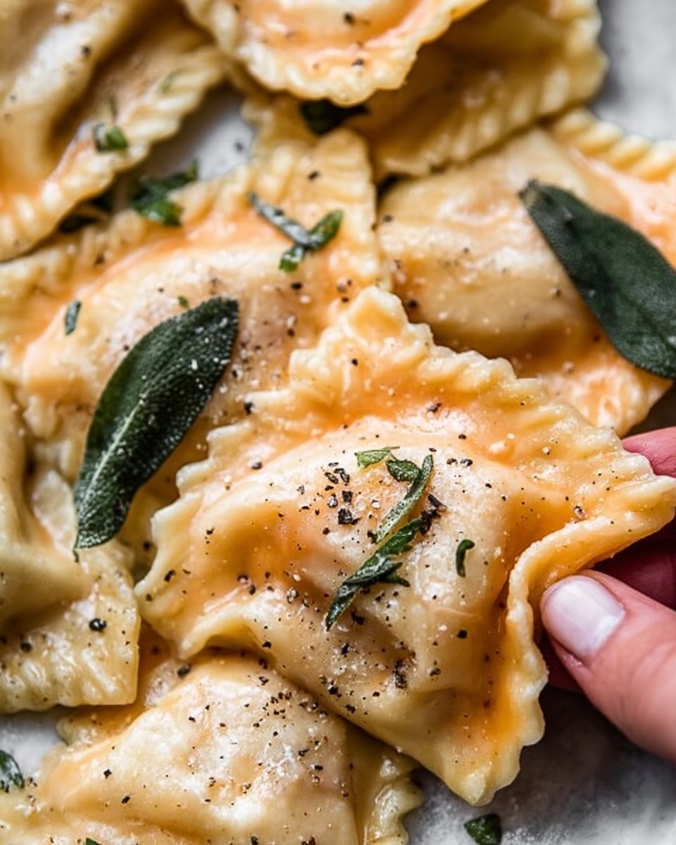 A close-up shot showing several pieces of ravioli with thin, soft dough wrapping a light orange filling. Each ravioli has a smooth, slightly shiny surface and is sprinkled with grated cheese and freshly cracked black pepper. Small dark green sage leaves are placed on and around the ravioli. A woman's hand is holding one ravioli piece with the edges gently pinched and slightly translucent dough showing the filling inside. The background is a white marbled surface. Photo taken with an iphone --ar 4:5 --v 7