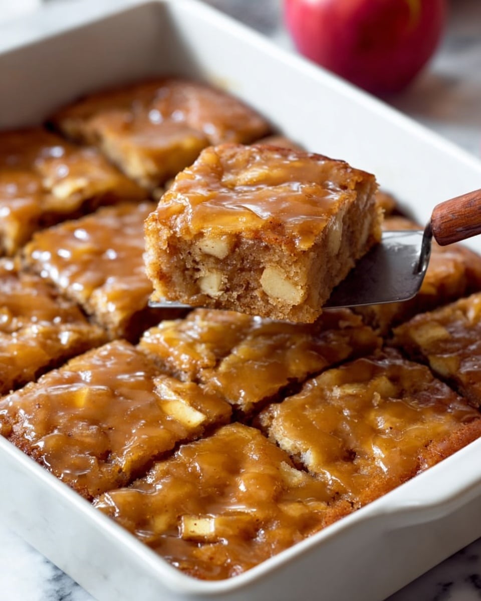 A close-up photo shows a tray of nine square apple dessert bars with a shiny golden brown crust. Each bar has two visible layers: a thick, soft light brown cake layer mixed with small apple pieces on the bottom and a sticky, slightly cracked golden caramel-like topping. A woman's hand holding a wooden spatula lifts one bar from the tray, showing its textured, moist inside. The tray sits on a white marbled surface with a red apple blurred in the background photo taken with an iphone --ar 4:5 --v 7