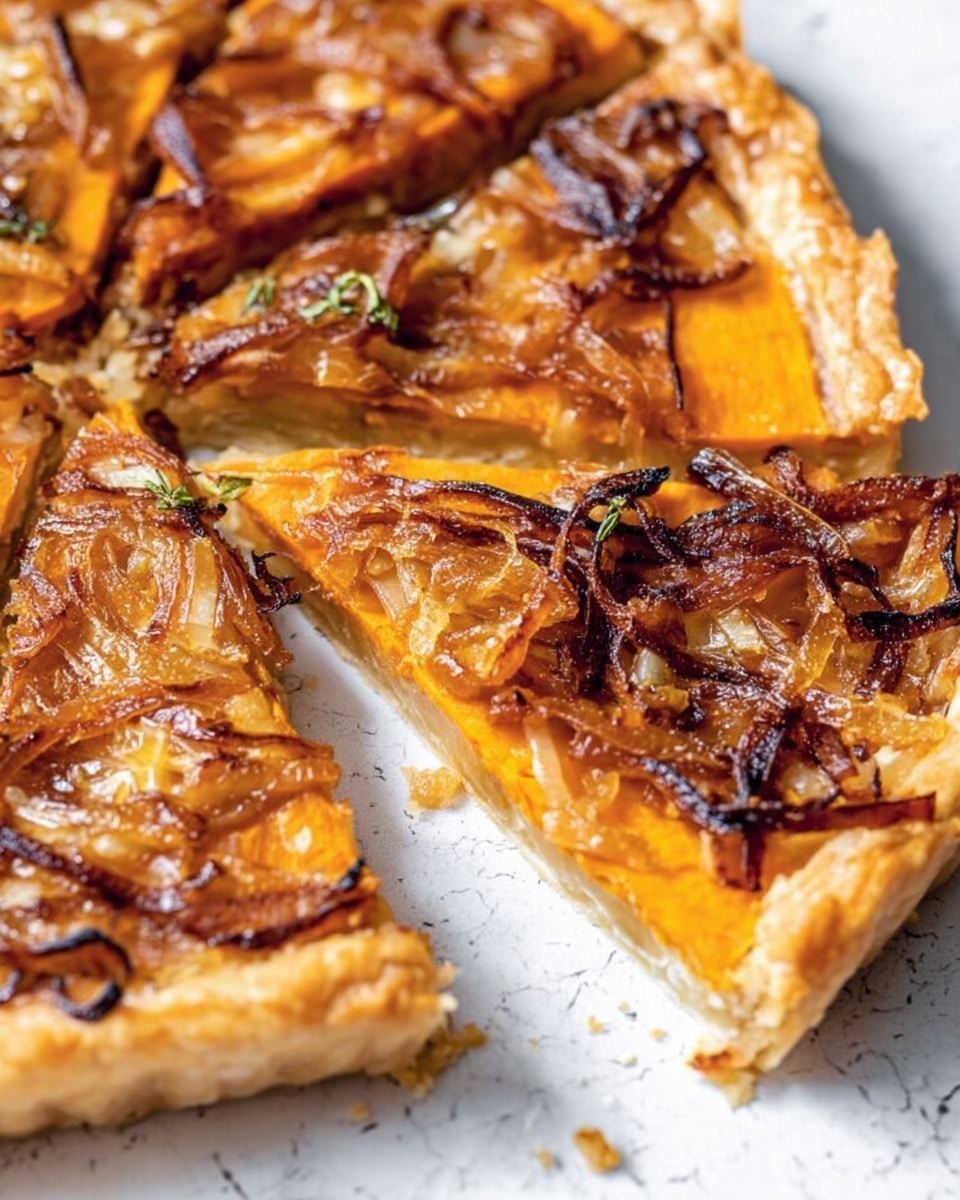 A golden brown galette with a thick crimped crust folded inward on the edges and a rustic look, topped with caramelized onions and sliced yellow-orange vegetables evenly spread on the flat middle layer, which has a slightly charred, textured surface. The galette is sliced into six pieces, with one slice slightly separated from the rest. Next to the galette on a white marbled surface are four vintage silver forks stacked together and a small bunch of fresh green thyme sprigs. Photo taken with an iphone --ar 4:5 --v 7