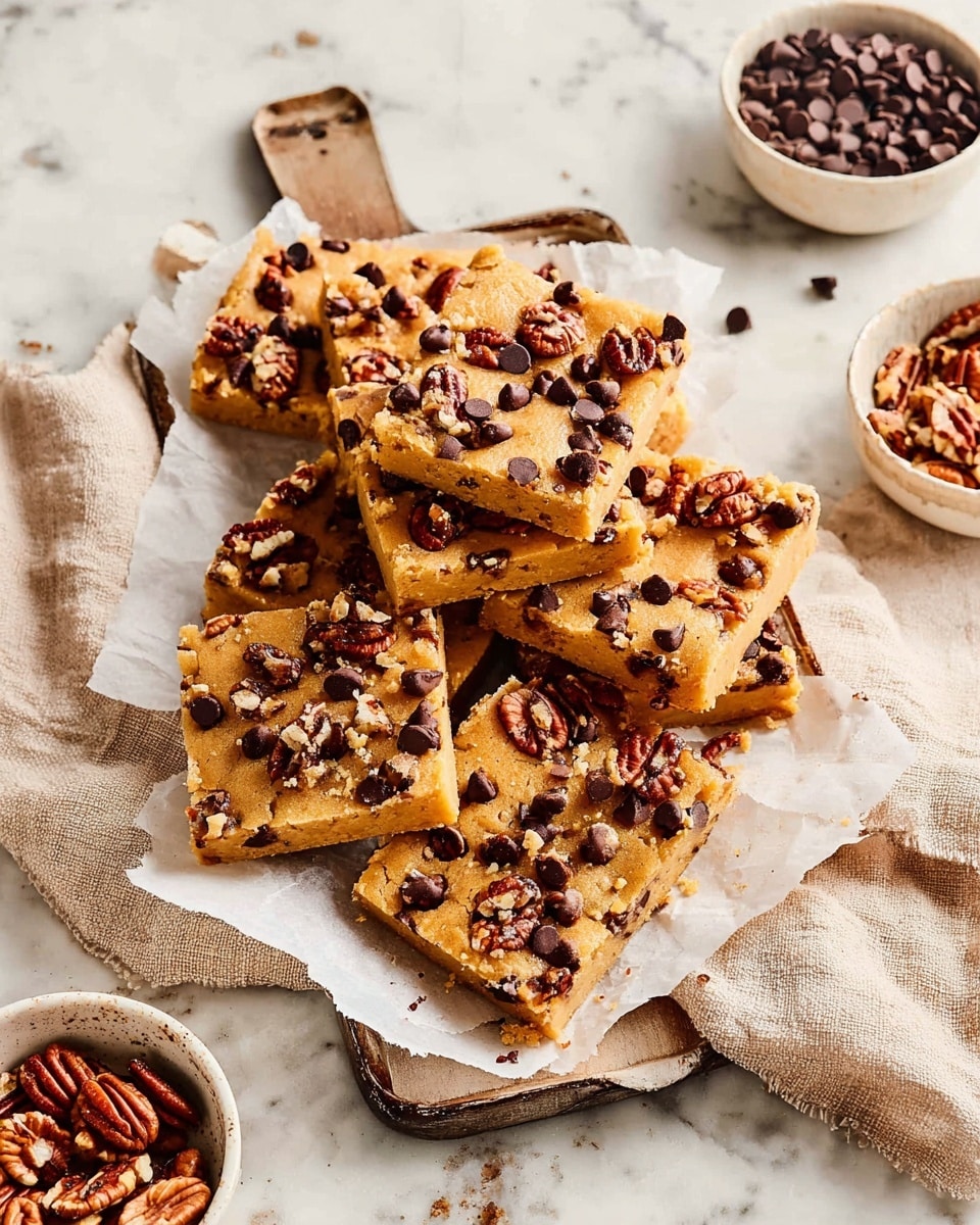 The image shows several square pieces of light tan bark stacked in a white tray lined with white parchment paper. Each piece has a smooth, creamy-looking base layer with scattered dark brown chocolate chips and unevenly chopped light brown nuts on top. The texture of the bark looks slightly firm with nut pieces adding a rough surface. The white tray rests on a beige cloth over a white marbled surface. photo taken with an iphone --ar 4:5 --v 7