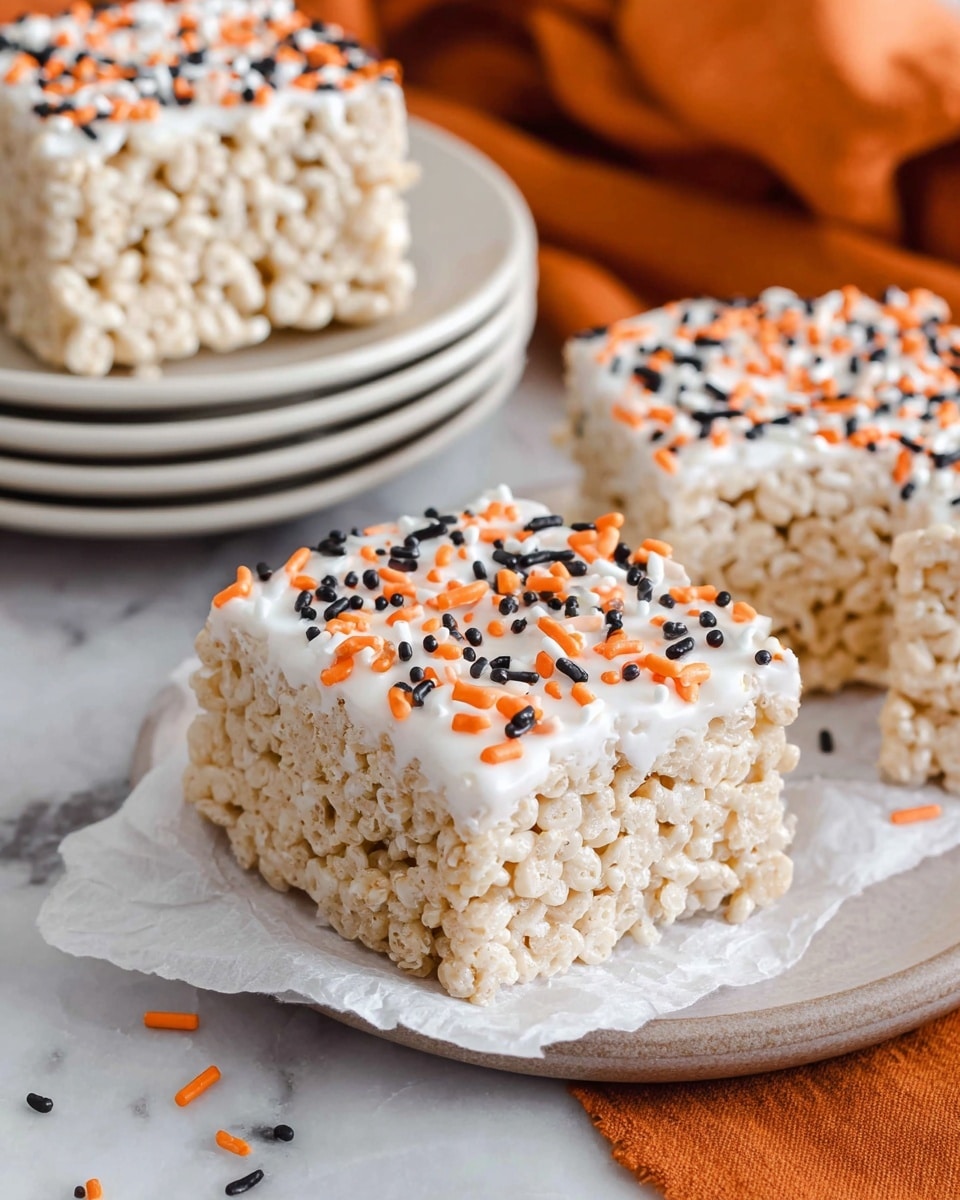 The image shows three square-shaped treats made of light beige puffed rice cereal tightly packed together in one thick bottom layer. On top of each treat is a smooth, white icing layer decorated with small orange and black sprinkles scattered evenly across the surface. The treats sit on a piece of white parchment paper over a white marbled surface. In the background, there is a stack of plain white plates with one treat on top, and an orange cloth is draped softly behind them. Photo taken with an iphone --ar 4:5 --v 7