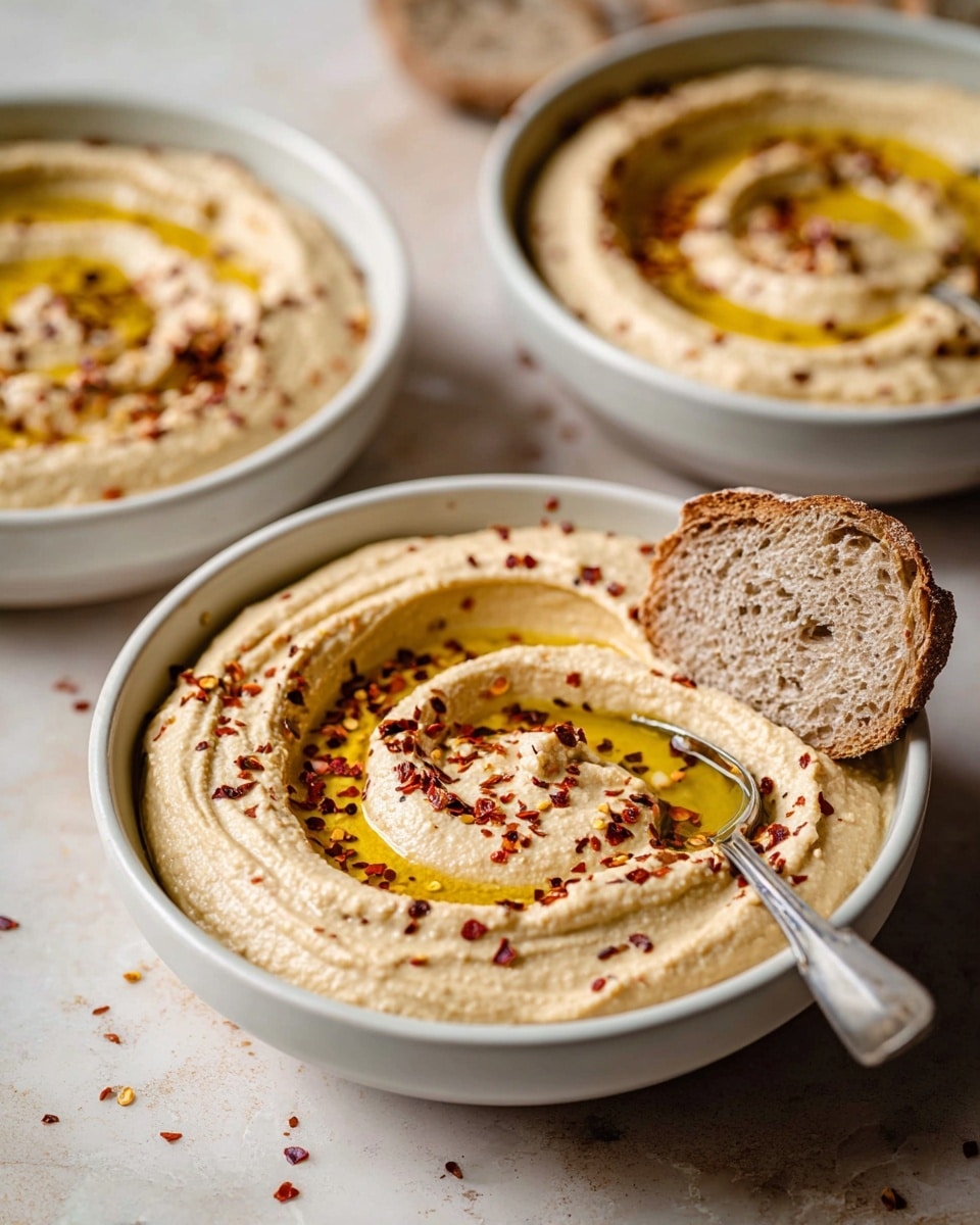Three white bowls are filled with creamy, light beige hummus, each swirled artistically to create thick, smooth waves on the surface. The hummus is topped with a drizzle of golden olive oil that pools in the swirls, and sprinkled with small red chili flakes and tiny specks of black pepper, adding texture and color contrast. One bowl at the bottom center contains a silver spoon resting inside, scooping some hummus, with a slice of seeded, toasted bread leaning on the edge. The other two bowls each have a similar slice of bread tucked partly into the hummus on one side. The bowls sit on a white marbled surface with a light gray cloth napkin nearby. Photo taken with an iphone --ar 4:5 --v 7