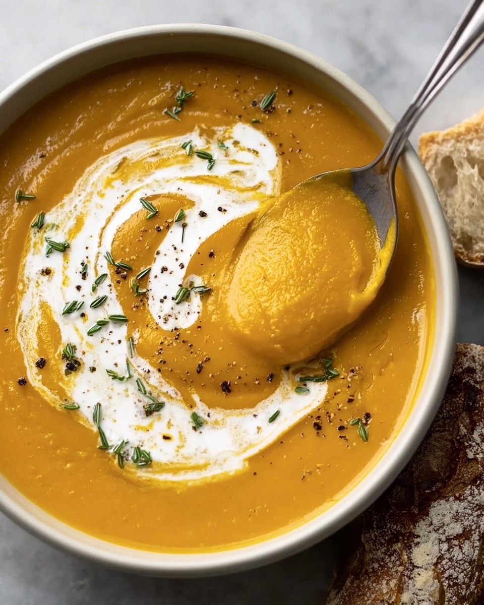 A bowl filled with smooth, thick orange soup, swirled with white cream on top, and sprinkled with small green herb leaves and black pepper. A spoon is scooping some soup from the bowl, showing the creamy texture with white cream on top. The bowl is white and sits on a white marbled surface with a piece of rustic bread partially visible in the corner. photo taken with an iphone --ar 4:5 --v 7