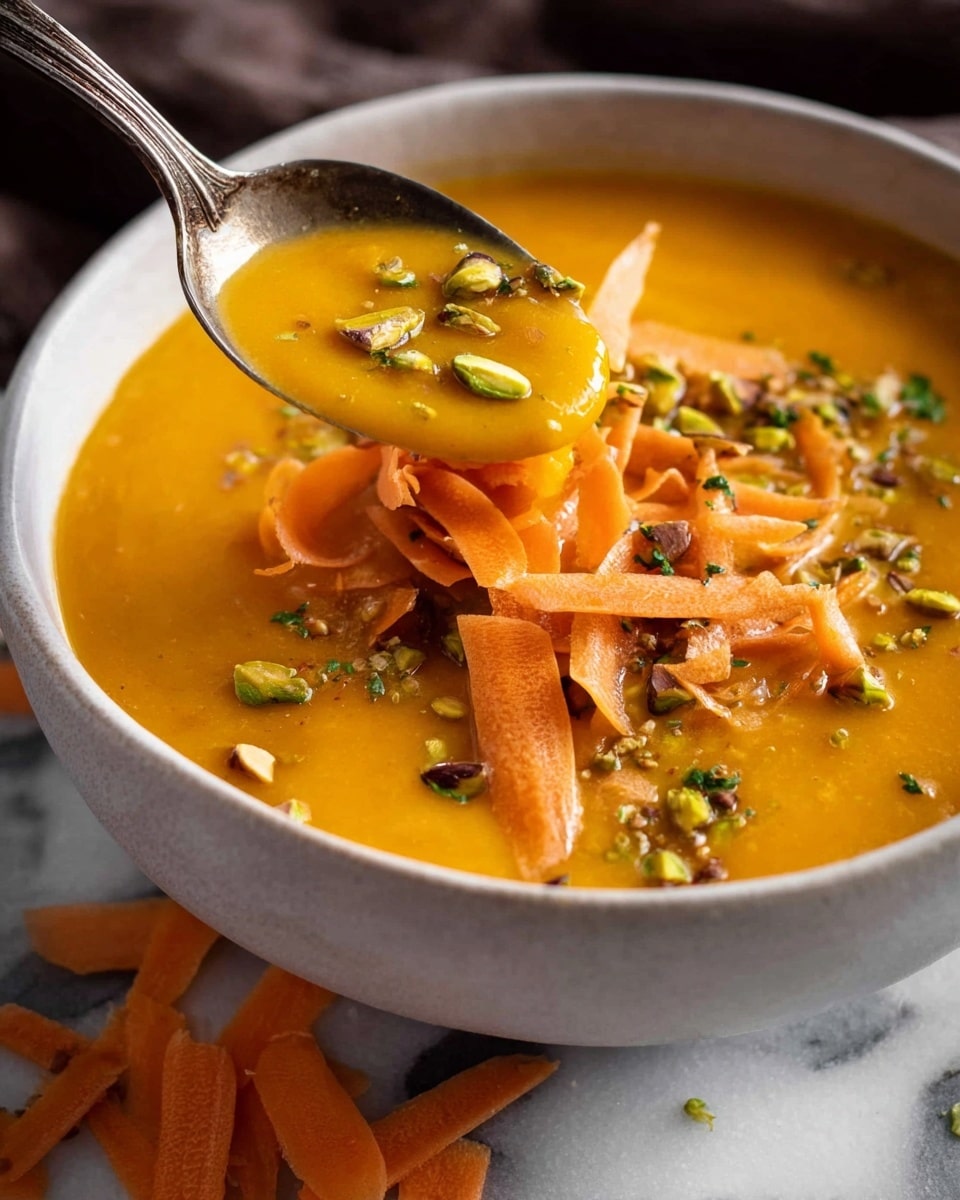 The image shows a bowl filled with creamy orange soup, topped with thin orange carrot strips and small chopped green nuts, likely pistachios, scattered on top. There are also some tiny bits of green herbs sprinkled over the surface. A silver spoon is lifting a spoonful of the soup from the bowl, showing the smooth texture and garnishes clearly. The bowl is white, matte, and placed on a white marbled surface with some loose carrot strips placed nearby. photo taken with an iphone --ar 4:5 --v 7