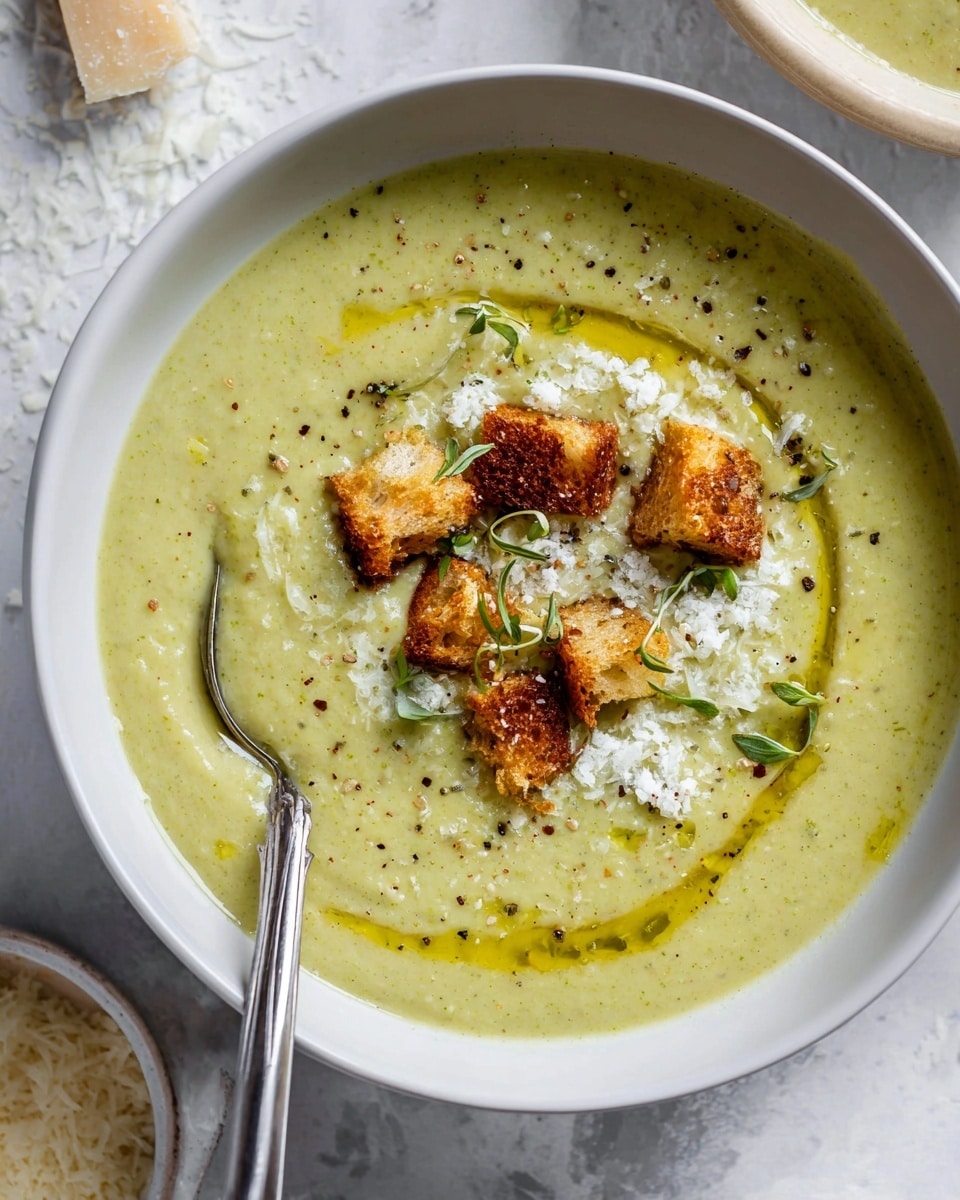 The image shows two white bowls filled with creamy light green soup, each topped with small sprigs of fresh dill and a sprinkle of black pepper. Next to them is a white bowl with grated cheese, and a white marbled surface beneath everything. Above, there is a white bowl filled with golden brown croutons, some scattered around. A few spoons and forks rest on a gray cloth on the right side. In the lower right corner, part of a soup pot is visible with more light green soup inside. Photo taken with an iphone --ar 4:5 --v 7