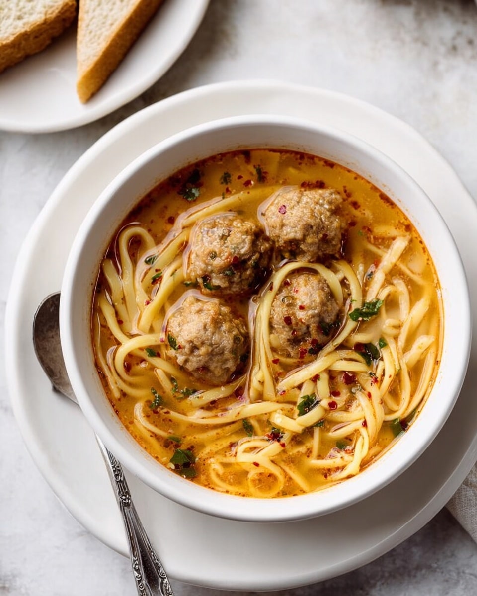 A white bowl filled with a light orange broth soup containing five round, browned meatballs and long, flat yellow noodles that twist around the meatballs. There are small bits of green herbs and red chili flakes scattered on top, giving texture and color contrast. The bowl is placed on a white plate on top of a white marbled surface. A silver spoon rests next to the plate. In the background, there is a white plate with two triangular slices of light brown bread. photo taken with an iphone --ar 4:5 --v 7
