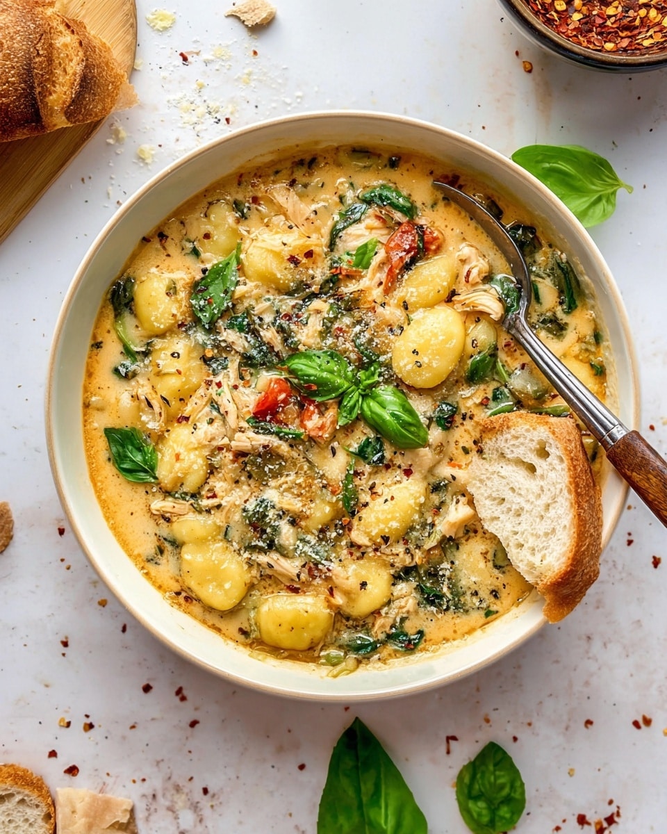 A white bowl filled with a thick soup showing several light yellow gnocchi pieces floating in a creamy broth mixed with small bits of chicken, spinach, and tomato. The soup is topped with bright green fresh basil leaves and sprinkled with grated cheese and black pepper. A piece of crusty bread rests on the right side inside the bowl, partially soaked. A metal spoon with a wooden handle is placed on the left side inside the bowl, resting on the edge. The bowl is on a white marbled surface scattered with crumbs and chili flakes. Photo taken with an iphone --ar 4:5 --v 7