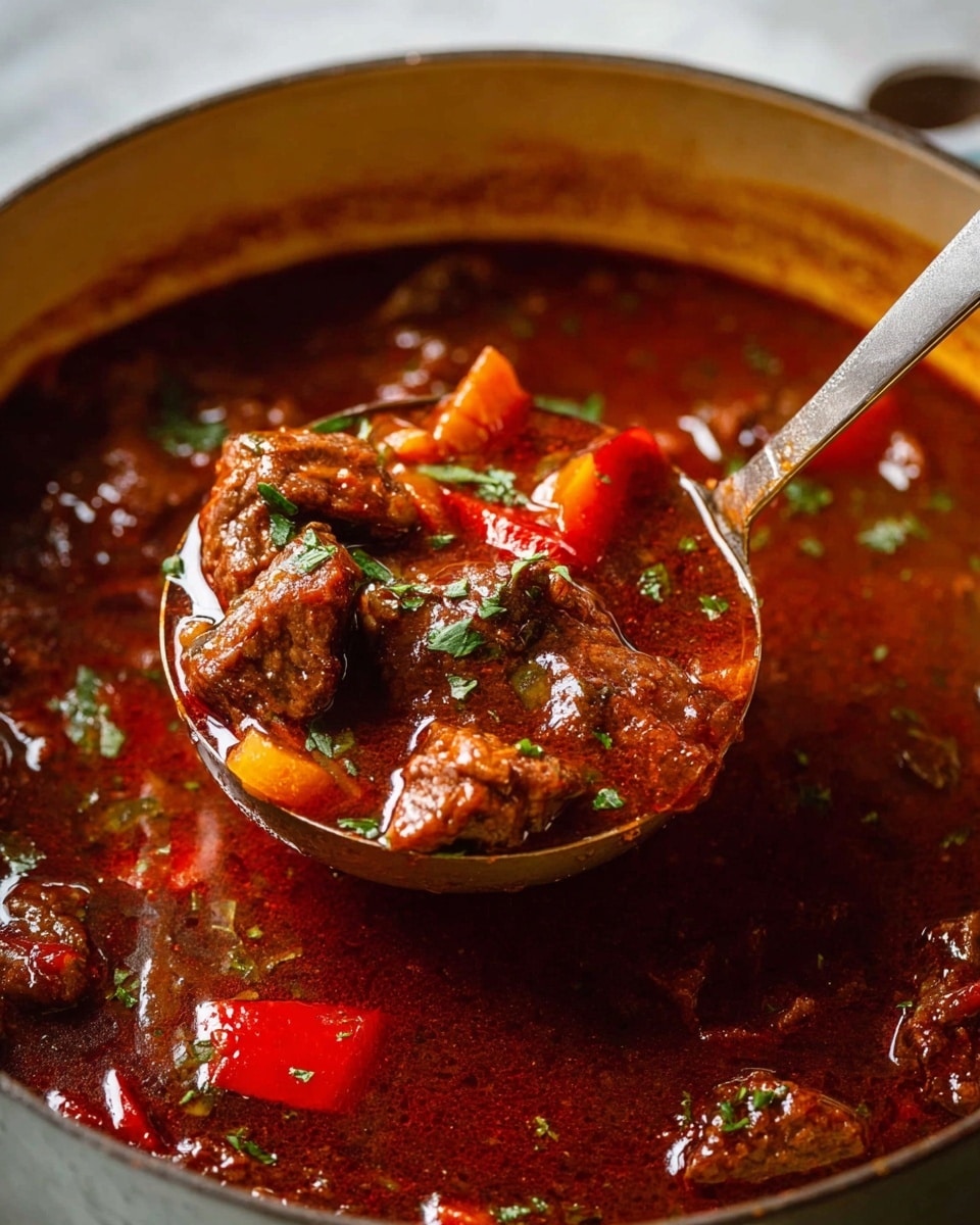 A close-up image shows a pot filled with rich, dark red stew. The stew has visible chunks of brown meat, red bell pepper slices, and small pieces of light orange vegetables, all mixed in a thick, shiny sauce. The surface is speckled with small green herb bits, giving a fresh contrast. A ladle is held in the woman's hand, lifting a portion of the stew, highlighting the chunky texture and vibrant colors. The pot is on a white marbled surface. photo taken with an iphone --ar 4:5 --v 7
