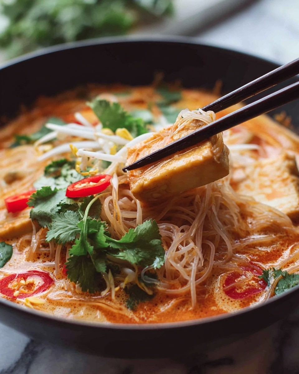 The image shows a black bowl filled with a creamy orange soup that contains light brown tofu held by chopsticks over the bowl. Inside the bowl, there are thin white noodles partially submerged in the soup, bright red chili slices, light yellow bean sprouts, and bright green cilantro leaves scattered on top. The background is softly blurred, and the bowl rests on a white marbled surface. photo taken with an iphone --ar 4:5 --v 7