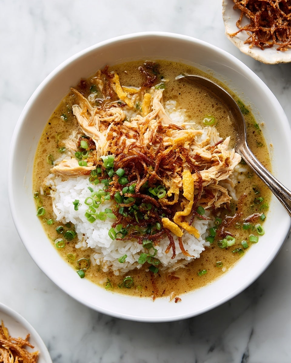A bowl of soup is shown with a light broth base and a spoon inside the bowl. The soup has a thick layer of soft, cooked white rice shaped loosely in the center. On top of the rice, there are several crispy yellow strips and browned fried shallots, adding texture and color. Chopped green onions are sprinkled around and on top, giving fresh green highlights. The bowl is white and sits on a white marbled surface, with a smaller white dish in the background holding extra fried shallots. Photo taken with an iphone --ar 4:5 --v 7