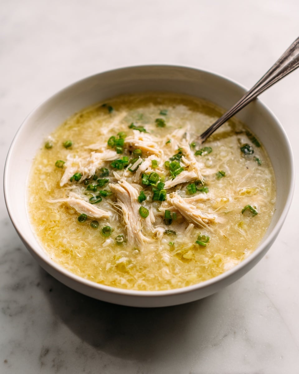 A thick, light brown soup with a slightly shiny texture fills a white pot with red exterior, showing pieces of shredded meat and small green onion slices floating on top. A large silver ladle lifts some soup, displaying the chunky mix clearly against the pot's inside rim. The background is a clean, white marbled surface. Photo taken with an iphone --ar 4:5 --v 7
