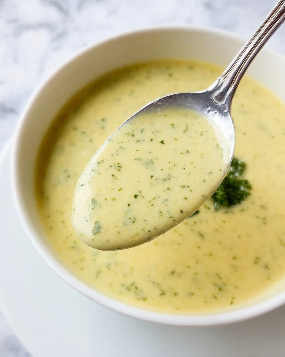 A close-up image showing a white bowl filled with creamy light yellow soup that has specks of green herbs throughout. A silver spoon is scooping up some of the soup, revealing its smooth, slightly thick texture. The background is a white marbled surface, adding a clean and bright feel to the image. photo taken with an iphone --ar 4:5 --v 7
