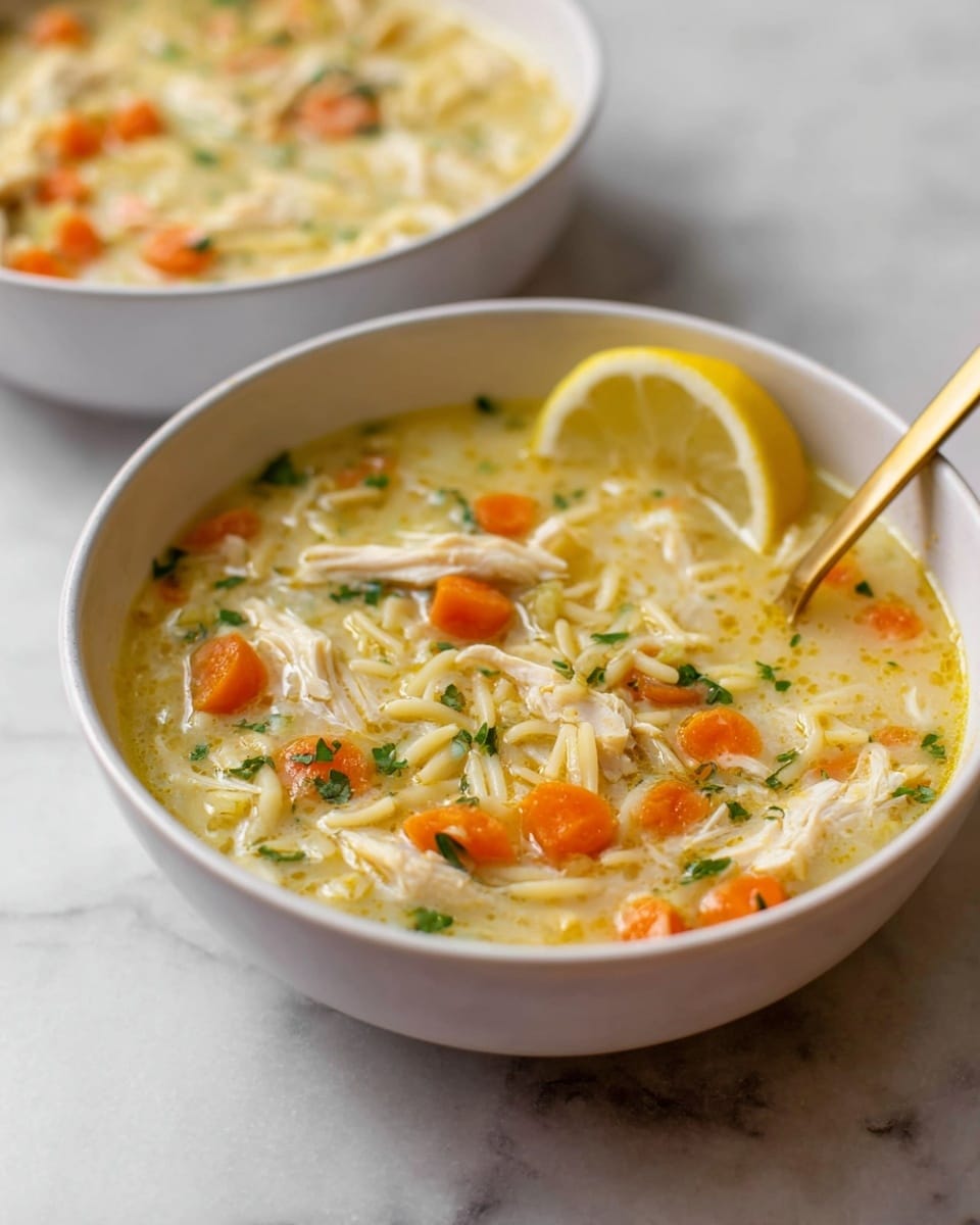 Two white bowls filled with chicken noodle soup are shown on a white marbled surface. Each bowl holds a light yellow broth layered with small white noodle pieces, orange carrot cubes, green herbs, and shredded white chicken pieces. In the front bowl, a slice of bright yellow lemon rests on the right edge, and a golden spoon is placed inside the soup. The background bowl is slightly blurred but shows similar ingredients. photo taken with an iphone --ar 4:5 --v 7