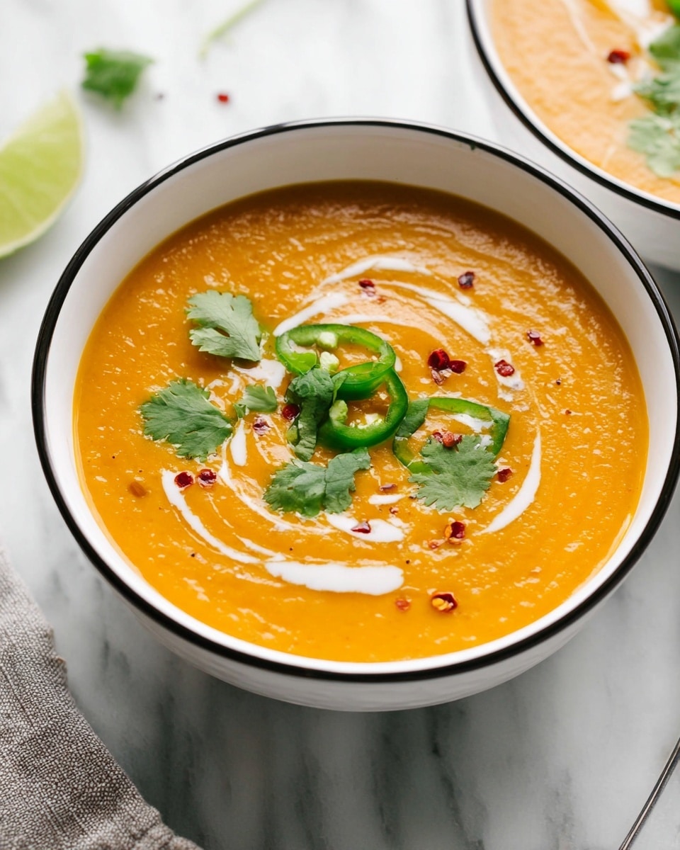 The image shows a white bowl with a black rim filled with a smooth orange soup. The soup has a thick texture and is topped with a swirl of white cream, some small green cilantro leaves, slices of green chili pepper, and a few red chili flakes scattered on top. The bowl is placed on a white marbled surface, with a small part of a gray cloth visible in the lower left corner and a lime wedge slightly blurred in the background. photo taken with an iphone --ar 4:5 --v 7