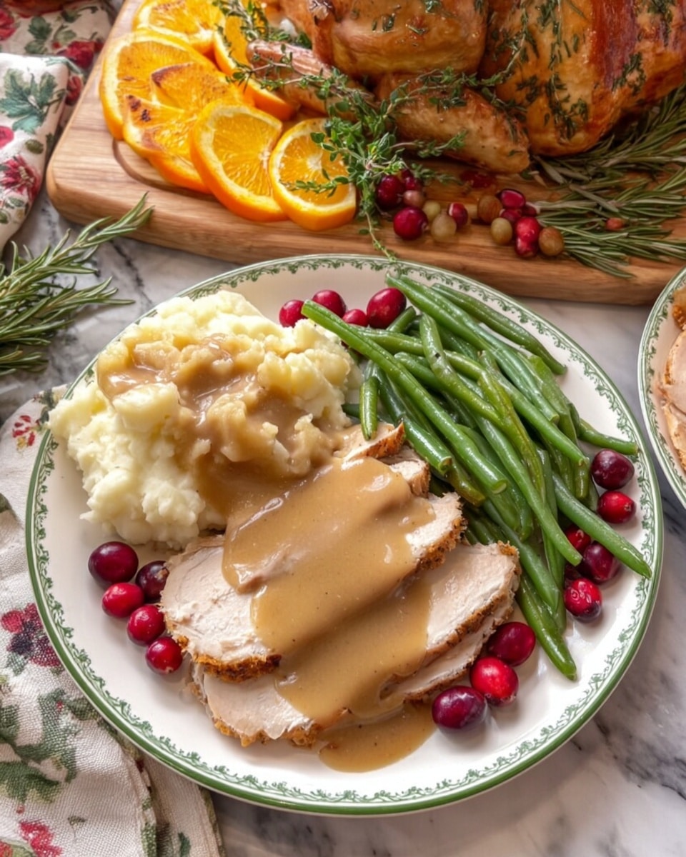 A large piece of cooked meat with a golden brown and slightly charred top layer is placed in the center of a white rectangular plate with a green border. The meat has been sliced partially, showing a white and juicy inside texture. Around the meat, there are bright green leafy lettuce and some red round berries scattered on the plate. Several sprigs of fresh rosemary with needle-like leaves are arranged around the meat on the plate. On the top left corner, two slices of citrus fruits, one orange and one lemon, add bright yellow and orange colors. The plate is set on a white marbled surface, with a woman's hand touching a cloth in the top right part of the image. Photo taken with an iphone --ar 4:5 --v 7