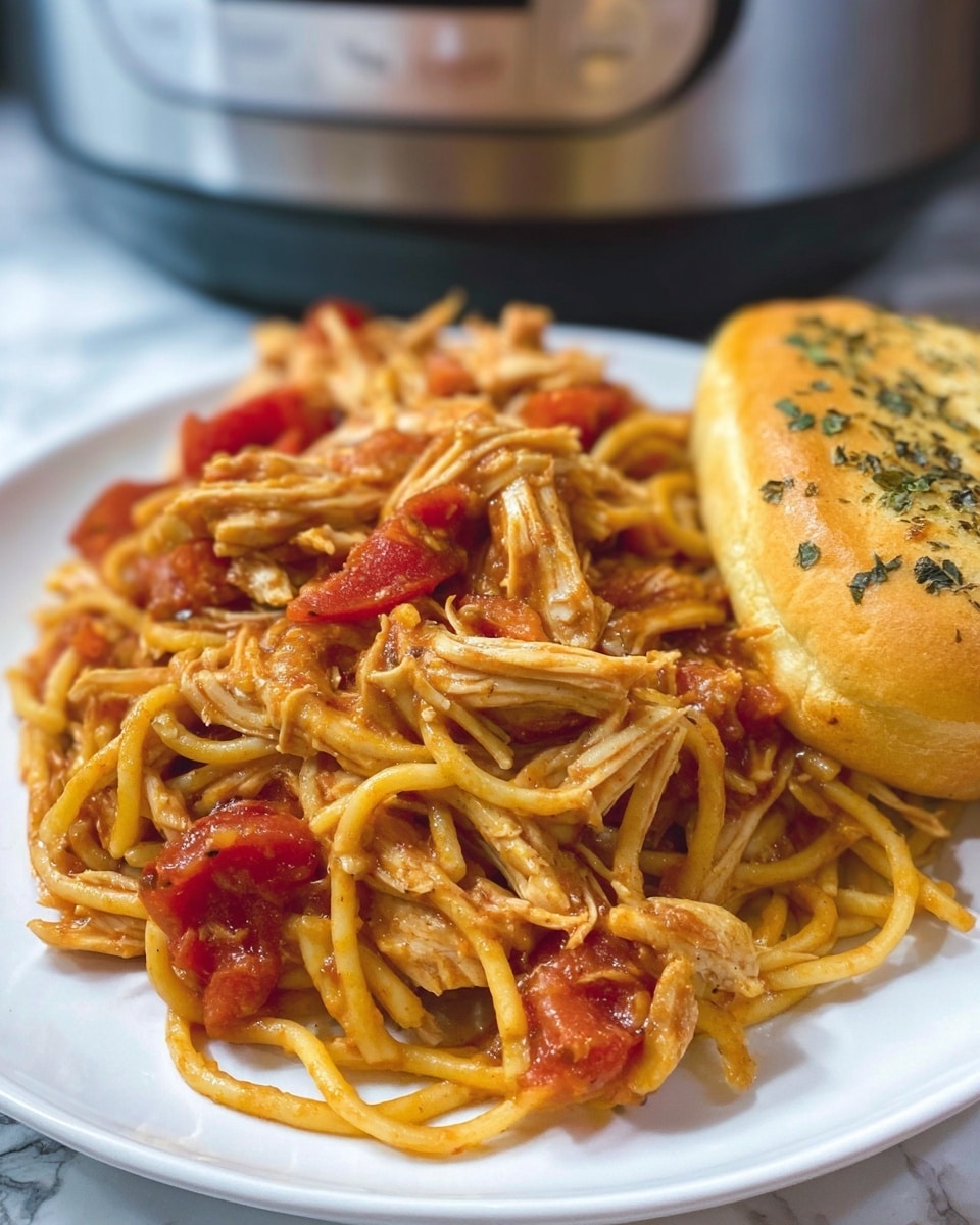 This image shows a white plate on a white marbled surface filled with a close-up of spaghetti mixed with shredded light brown chicken, bright red tomato chunks, and a sauce coating everything, giving a glossy look to the pasta. On the right side of the plate, there is a piece of bread with a golden top and sprinkled with herbs, resting against the pasta. The background is slightly blurred, showing a silver kitchen appliance. Photo taken with an iphone --ar 4:5 --v 7