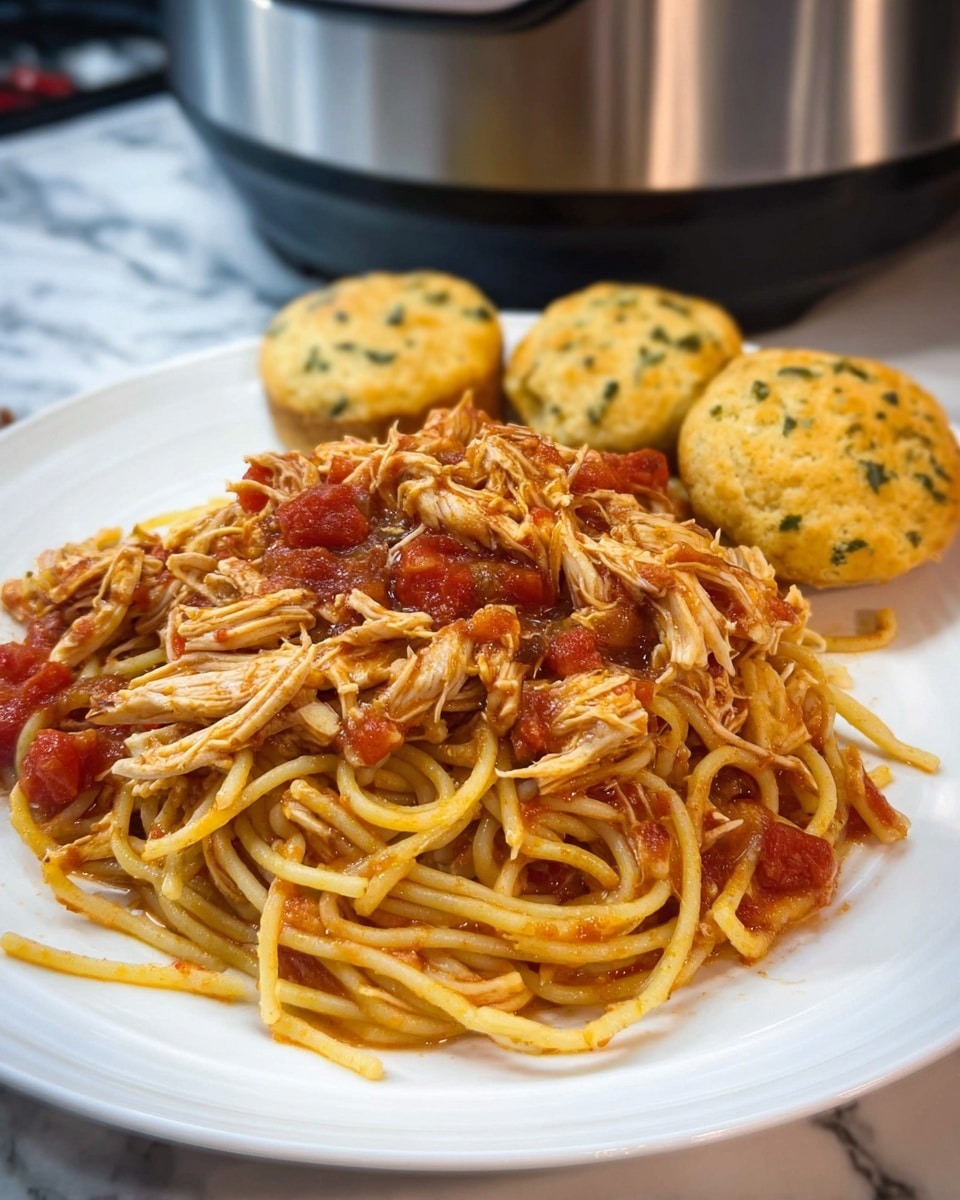 A white plate holds a large serving of spaghetti mixed with shredded chicken and chunky red tomato pieces, all coated in a light red sauce. Beside the spaghetti, there are three small, golden-brown biscuits with a slightly rough texture and specks of green herbs on top. The plate sits on a white marbled surface with part of a stainless steel cooker visible in the background. Photo taken with an iphone --ar 4:5 --v 7