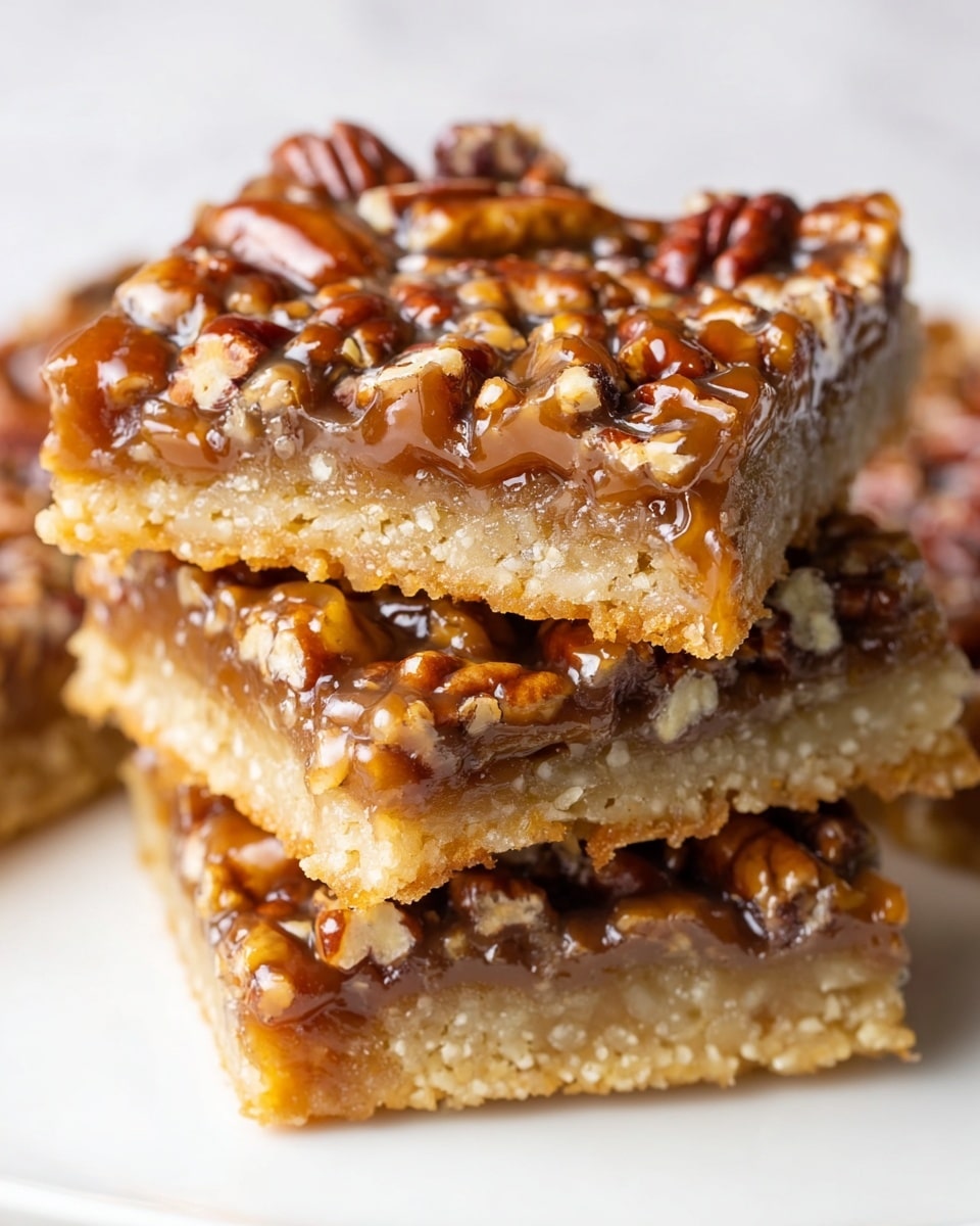 Three pecan bars are stacked on a white background with a white marbled texture. Each bar has two layers: a light yellow, dense, crumbly base, topped with a thick, glossy layer filled with shiny, rich brown caramel and whole pecans that have a slightly rough texture. The caramel drips slightly from the middle layer, adding a sticky appearance, while the pecans on top are packed closely, giving a crunchy, nutty look. The whole stack looks rich and sweet, with the nut layer clearly standing out on top of the firm base. Photo taken with an iphone --ar 4:5 --v 7
