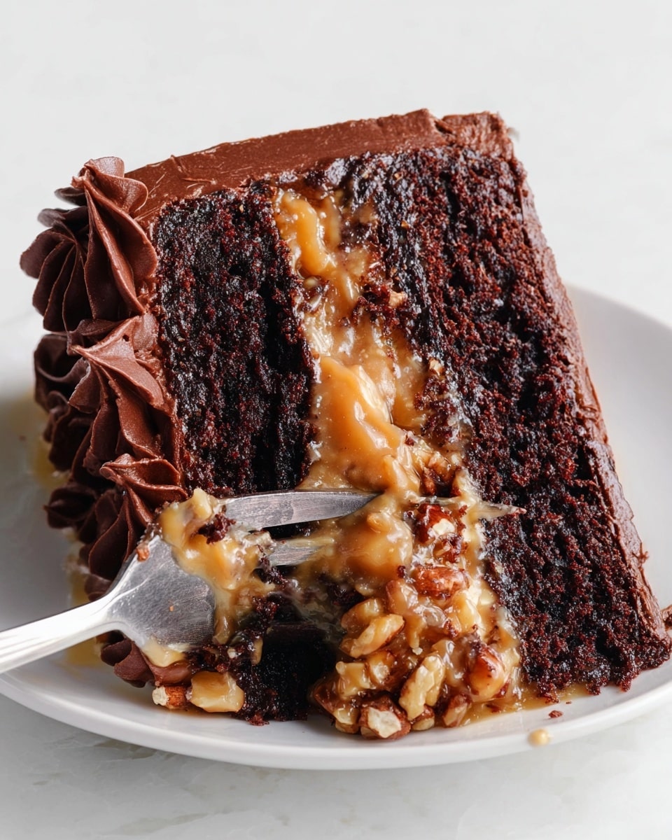 A thick slice of dark chocolate cake with two layers of rich, moist chocolate sponge is shown. Between the layers and covering the sides is a creamy caramel sauce filled with crunchy bits of nuts, creating a shiny and textured look. The cake is frosted with smooth, dark chocolate icing on the top and sides, with some soft chocolate swirls decorating the top edge. The slice sits on a white plate on a white marbled surface, and a fork is cutting into the bottom layer, pressing into the soft cake and caramel. Photo taken with an iphone --ar 4:5 --v 7
