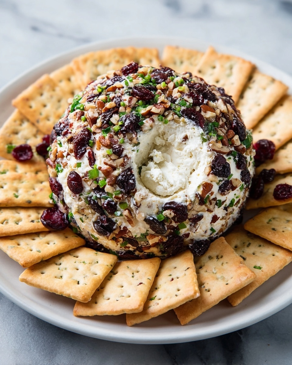 A round cheese ball covered with a mixture of chopped nuts, dark dried cranberries, and green herbs sits in the center of a white plate. The cheese ball is creamy white and visible in small spots under the nut and fruit layer. Around the cheese ball, there is a single layer of light brown crackers arranged neatly, with some crackers overlapping. The background is a white marbled texture that contrasts softly with the colors of the food. The image is close up and bright, showing clear texture on the cheese ball and the crackers. photo taken with an iphone --ar 4:5 --v 7
