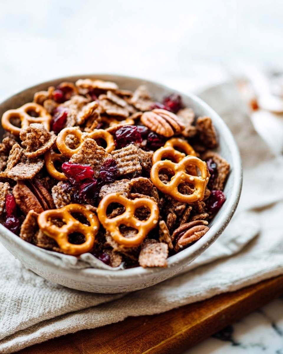 A close-up view of a bowl filled with a mix of crunchy cereal flakes, small pretzels, whole pecans, and dried red berries. The bowl is white with a slightly rough texture, sitting on a light cloth on a wooden board, all placed on a white marble surface. The different layers inside the bowl are well mixed, showing the brown cereal flakes at the base, scattered pecans with a shiny, slightly rough texture in the middle, round salted pretzels with a smooth golden color spread evenly on top, and deep red dried berries adding bright spots of color throughout the mix. Photo taken with an iphone --ar 4:5 --v 7