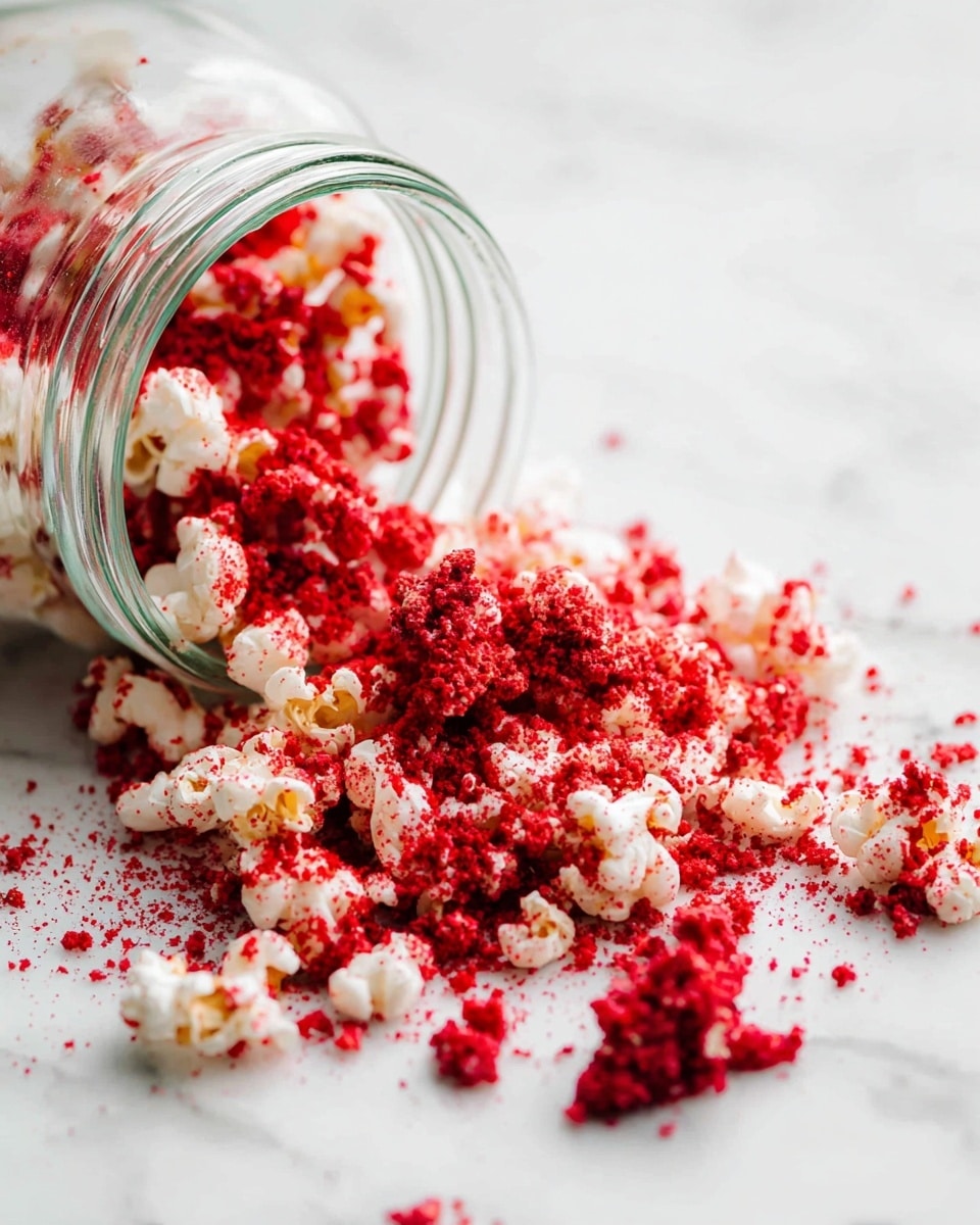 The image shows three white bowls filled with popcorn covered in bright red powder. The popcorn is fluffy and white, with the red powder unevenly spread on top and inside the bowls. The bowls have a textured outer edge and sit on a white marbled surface. Small bits of red powder and a few pieces of popcorn are scattered around the bowls on the surface, adding a messy but appetizing look. Photo taken with an iphone --ar 4:5 --v 7