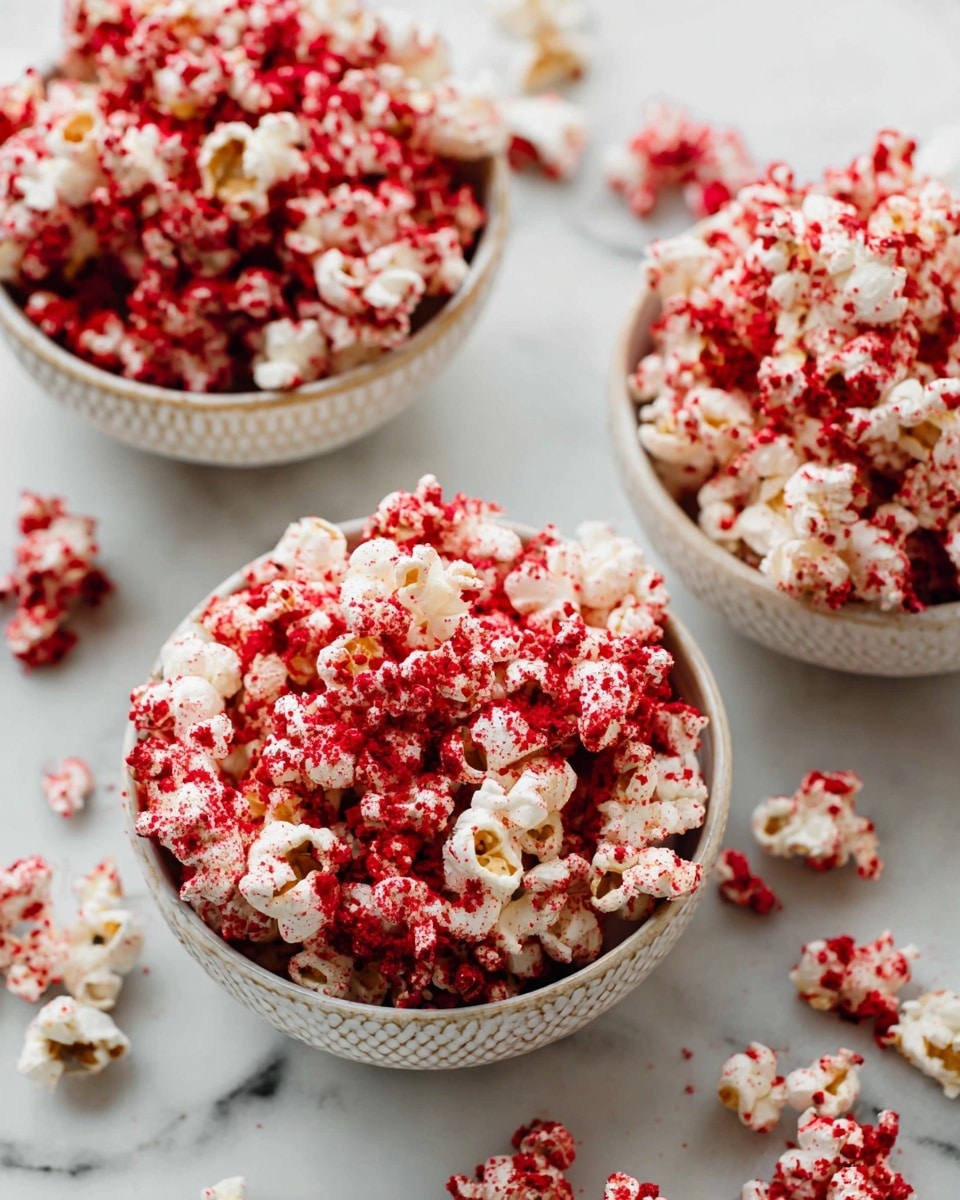 A clear glass jar tilted on its side on a white marbled surface spills out white popcorn covered with bright red powder flakes, creating a scattered pile with a mix of popcorn and dense red crumbs. The popcorn is fluffy and soft looking, contrasted by the fine and crumbly texture of the red powder. The scene is bright and clean with strong focus on the red and white colors. photo taken with an iphone --ar 4:5 --v 7