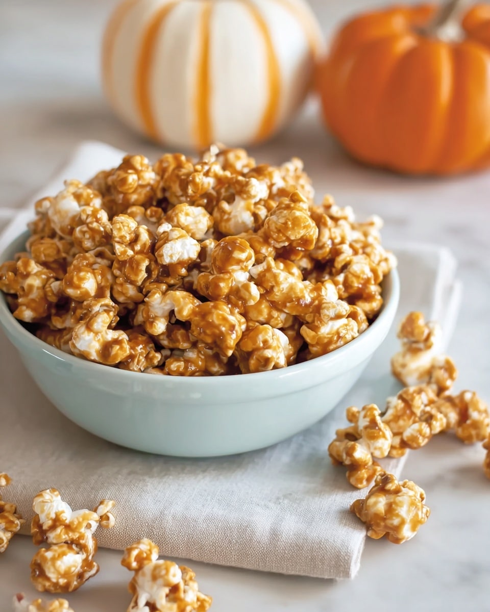 A white bowl filled with caramel-coated popcorn, showing a mix of golden brown and white colors with a crunchy texture. The popcorn sits on a light cloth on a white marbled surface. Some popcorn pieces are scattered around the bowl. In the background, there are two small pumpkins, one white with light orange stripes and the other bright orange, slightly blurred. The lighting is soft and natural, highlighting the shiny caramel coating on the popcorn. Photo taken with an iphone --ar 4:5 --v 7