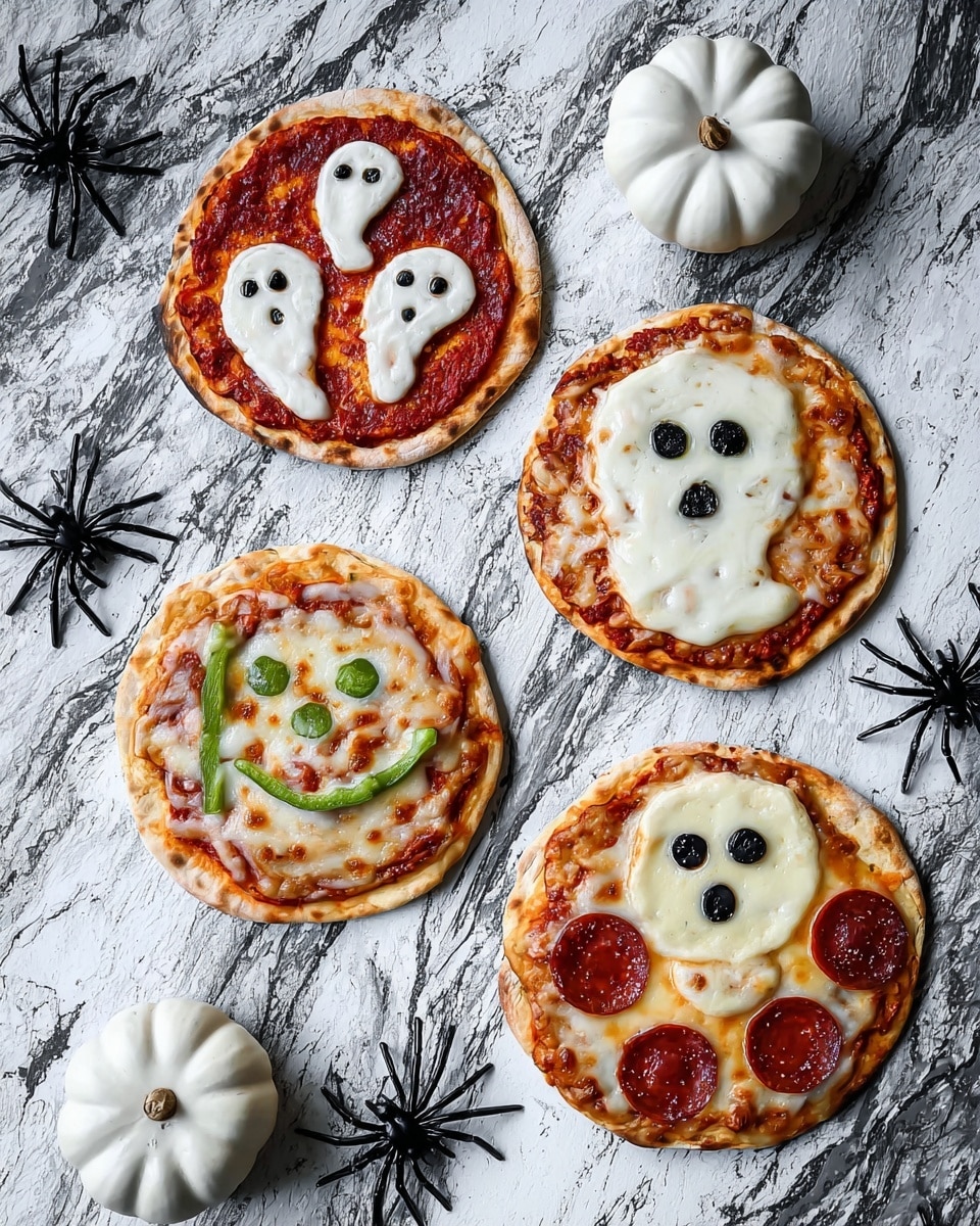Four small pizzas sit on a white marbled surface. The top left pizza has a red tomato sauce base with three white mozzarella cheese ghosts placed on top, each ghost having small black olive pieces for eyes and mouth. The top right pizza features a red tomato sauce base fully covered with melted white cheese shaped like a ghost face with two black olive eyes. The bottom right pizza has a layer of melted cheese, three slices of pepperoni arranged as a snowman body, small black olive pieces for eyes, and green bell pepper strips as arms. The bottom left pizza shows melted cheese with green bell pepper slices as eyebrows and mouth, black olives for eyes, and pepperoni pieces on top. Small decorative white pumpkins and black plastic spiders surround the pizzas. Photo taken with an iphone --ar 4:5 --v 7