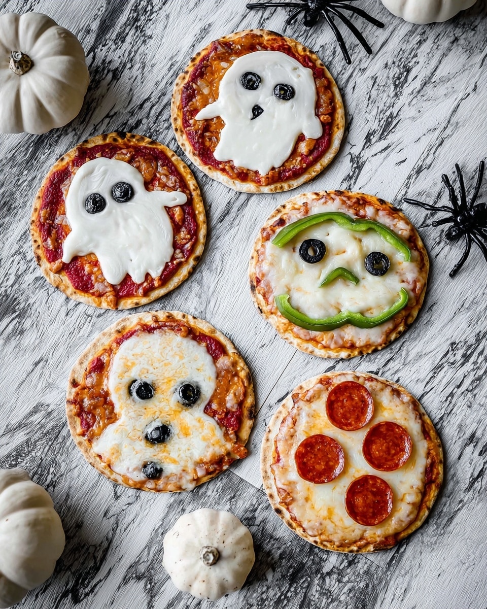 There are four small round pizzas on a white marbled wooden surface. The first pizza has a red sauce base topped with three white ghost shapes made of melted cheese, each with small black olive eyes and mouths. The second pizza has a white melted cheese layer with two black olive eyes on top and a red sauce base showing through, creating a ghost face. The third pizza has a melted white cheese layer with green bell pepper strips as eyebrows and a mouth, black olive slices as eyes, and a red pepper slice as a nose. The fourth pizza has a melted white cheese layer, three pepperoni circles in the center forming a snowman body, green bell pepper strips as arms, and small black olives as eyes and buttons. Around the pizzas, there are small black plastic spider decorations and white pumpkins. Photo taken with an iphone --ar 4:5 --v 7