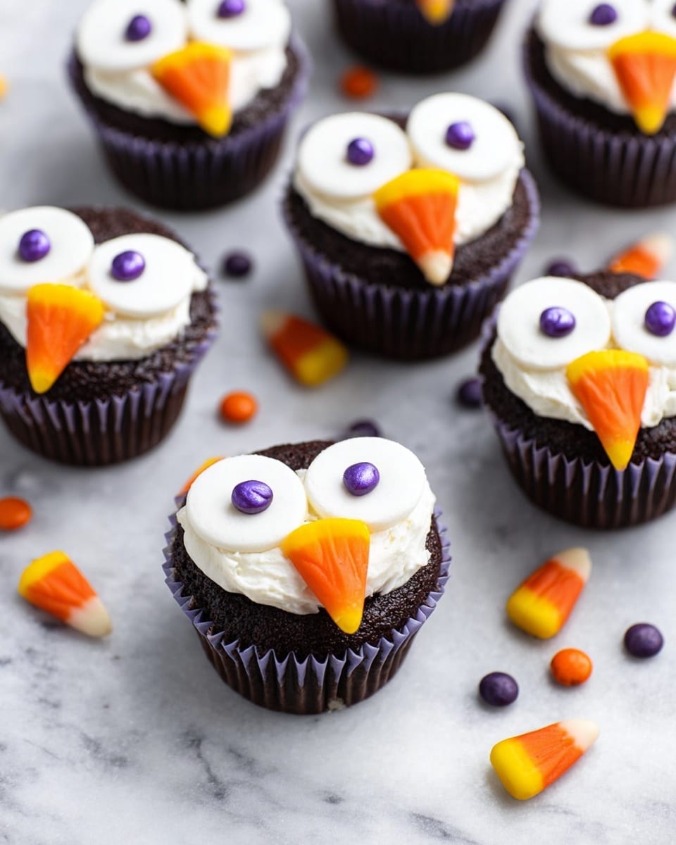The image shows several cupcakes placed on a white marbled surface, each cupcake decorated to look like a penguin face with two large white circular frosting layers on top for eyes. Each eye has a purple candy piece in the center. Below the eyes on each cupcake, a candy corn is placed pointing downward, simulating a beak with orange, yellow, and white colors. Small round orange and purple candies are scattered around the cupcakes on the surface. The cupcakes have dark chocolate brown bases with ridged liners, and the frosting texture is smooth and creamy. The photo taken with an iphone --ar 4:5 --v 7