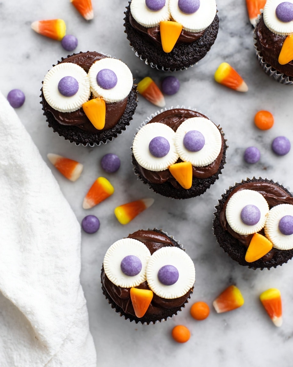 The image shows several cupcakes placed on a white marbled surface, each designed to look like an owl face. Each cupcake has a smooth dark chocolate frosting base, topped with two large round white cream-filled cookies positioned side by side for the eyes. On each cookie, a purple round candy is placed in the center to form the pupils. Between the two cookies, a small candy corn acts as the orange and yellow owl beak. Smaller orange and purple round candies are scattered casually around the cupcakes, adding color to the scene. A white cloth is partially visible in one corner. photo taken with an iphone --ar 4:5 --v 7