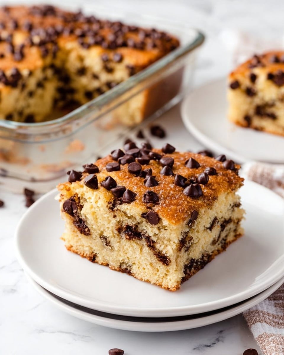 A thick square piece of chocolate chip cake with a golden-brown top, covered with many dark chocolate chips. The cake has two visible layers, soft and moist, filled and topped with chocolate chips evenly spread. This piece is placed on a stack of three white plates, all on a white marbled surface, with some chocolate chips scattered around. In the background, a clear glass baking dish holds the rest of the cake with one piece missing. The scene is bright and clean, showing the texture of the cake clearly. Photo taken with an iphone --ar 4:5 --v 7