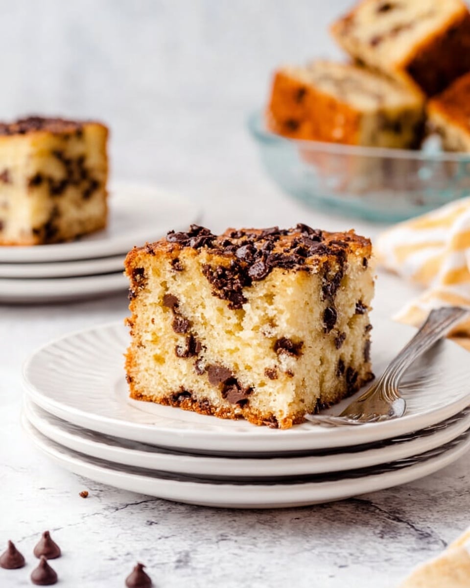 A thick, square slice of chocolate chip cake sits on a stack of three white plates. The cake has a light golden color with many small, dark chocolate chips baked inside and scattered on top. The texture looks soft and fluffy with visible air pockets. To the right of the slice, a silver fork rests on the top plate. The background is a white marbled surface with a few chocolate chips scattered nearby. In the background, there are two more pieces of cake on white plates and a clear glass bowl holding more cake pieces, all placed on the same white marbled surface. photo taken with an iphone --ar 4:5 --v 7