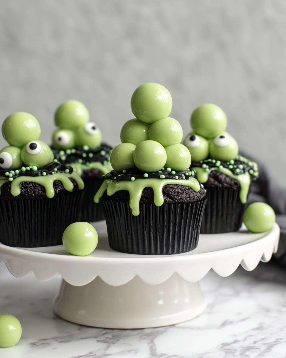 The image shows five small black cupcakes in black paper cups on a white cake stand with a wavy edge, all placed on a white marbled surface. Each cupcake has a dark chocolate base topped with dripping light green icing, decorated with small green round sprinkles and a few white circular sprinkles with black dots in the center, resembling eyes. On top of the green icing, there are multiple smooth, round, light green balls stacked in a pyramid shape, with one smaller ball at the very top. Two light green balls lie on the white marbled surface around the cake stand. Photo taken with an iphone --ar 4:5 --v 7