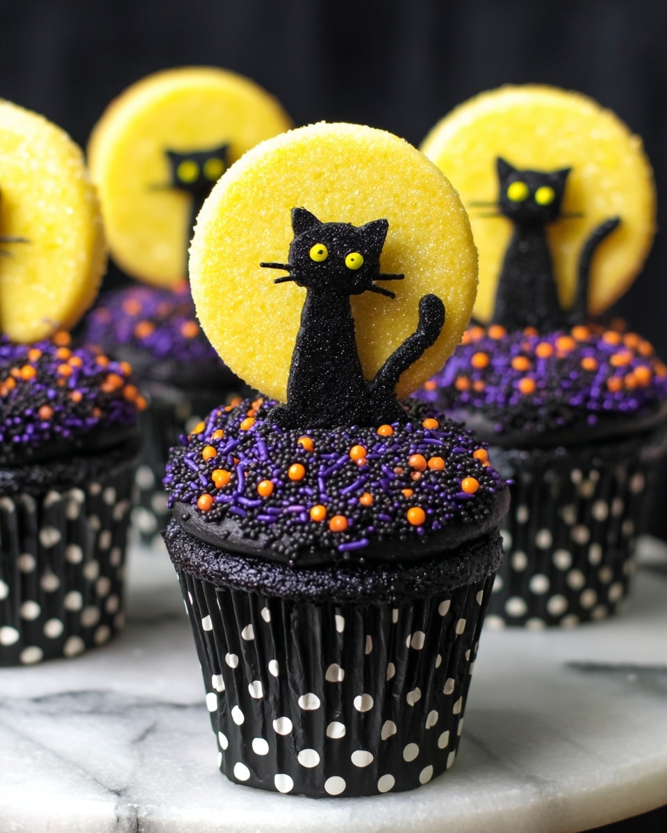 A cupcake with a black and white polka dot wrapper filled with dark chocolate cake topped with purple and black sugar sprinkles creating a rough texture, a small black cat figurine standing on top with shiny yellow eyes facing forward, behind the cat is a large yellow sugar disk with a slightly rough grainy texture standing upright, all set on a white marbled surface with a dark background. photo taken with an iphone --ar 4:5 --v 7