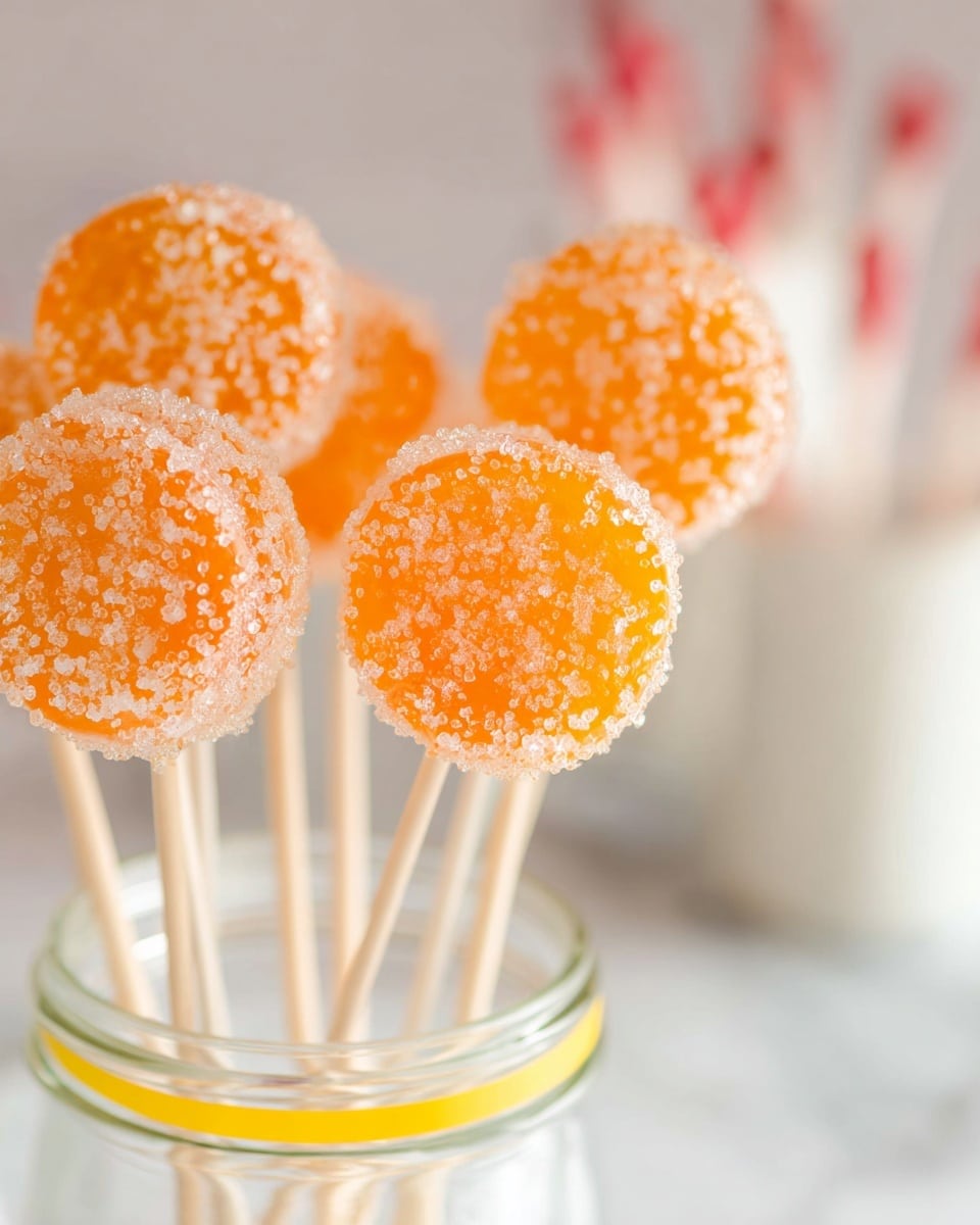 The image shows several orange lollipops with a rough sugar coating implanted on light wooden sticks. The lollipops are round and translucent with a sparkly layer of white sugar crystals unevenly covering their surface. They are arranged upright inside a clear glass jar that has a thin yellow stripe near its rim, placed on a white marbled surface. In the background, blurred white jars with red-tipped items inside can be seen, adding soft pops of color. The photo focuses sharply on the front lollipops, making the front textures vivid and detailed while the background is softly blurred, photo taken with an iphone --ar 4:5 --v 7