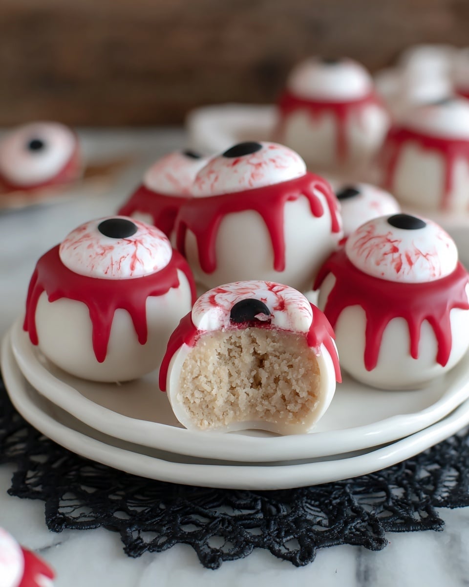On a white plate with a black doily sitting on a white marbled surface, there are five eyeball-shaped treats arranged closely together. Each treat has a smooth white outer layer covered with red lines flowing down from the top edge, resembling blood veins. On top of each treat is a white round disc with a black circular center to mimic the eyeball iris. One treat in the middle is cut open, showing a beige, textured filling inside. The background is softly blurred wood. Photo taken with an iphone --ar 4:5 --v 7