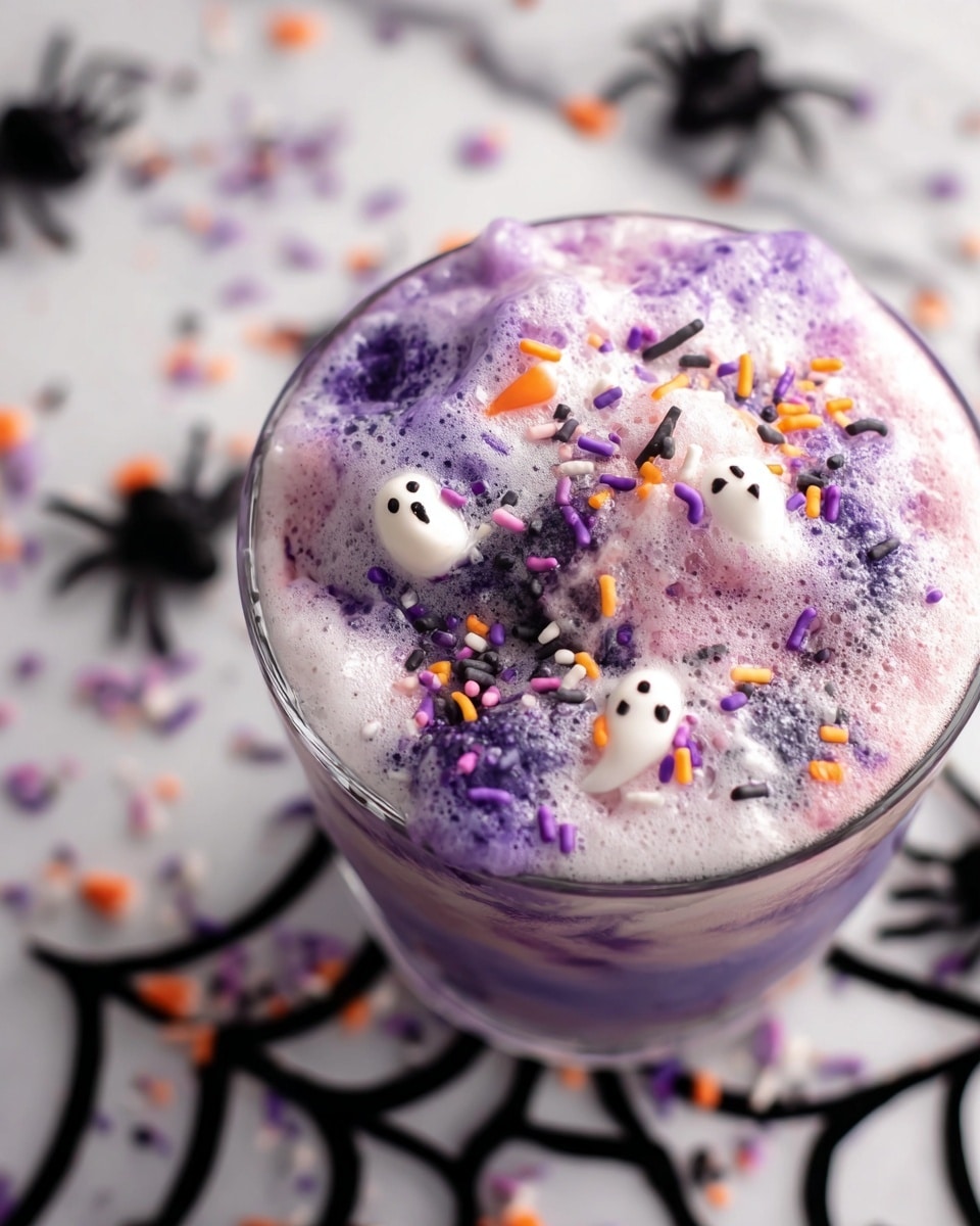 The image shows a close-up of a drink in a clear glass placed on a white marbled surface with a black spider web design underneath. The drink has a thick layer of light purple foam on top, mixed with white foam, creating a soft and airy texture. Scattered on the foam are small colorful sprinkles shaped like white ghosts, black bats, orange rods, and purple rods, adding a festive look. The inside of the glass shows a mix of dark purple and light purple liquid giving it a swirling effect. The background is softly blurred with the same black spider web and sprinkles scattered around. photo taken with an iphone --ar 4:5 --v 7