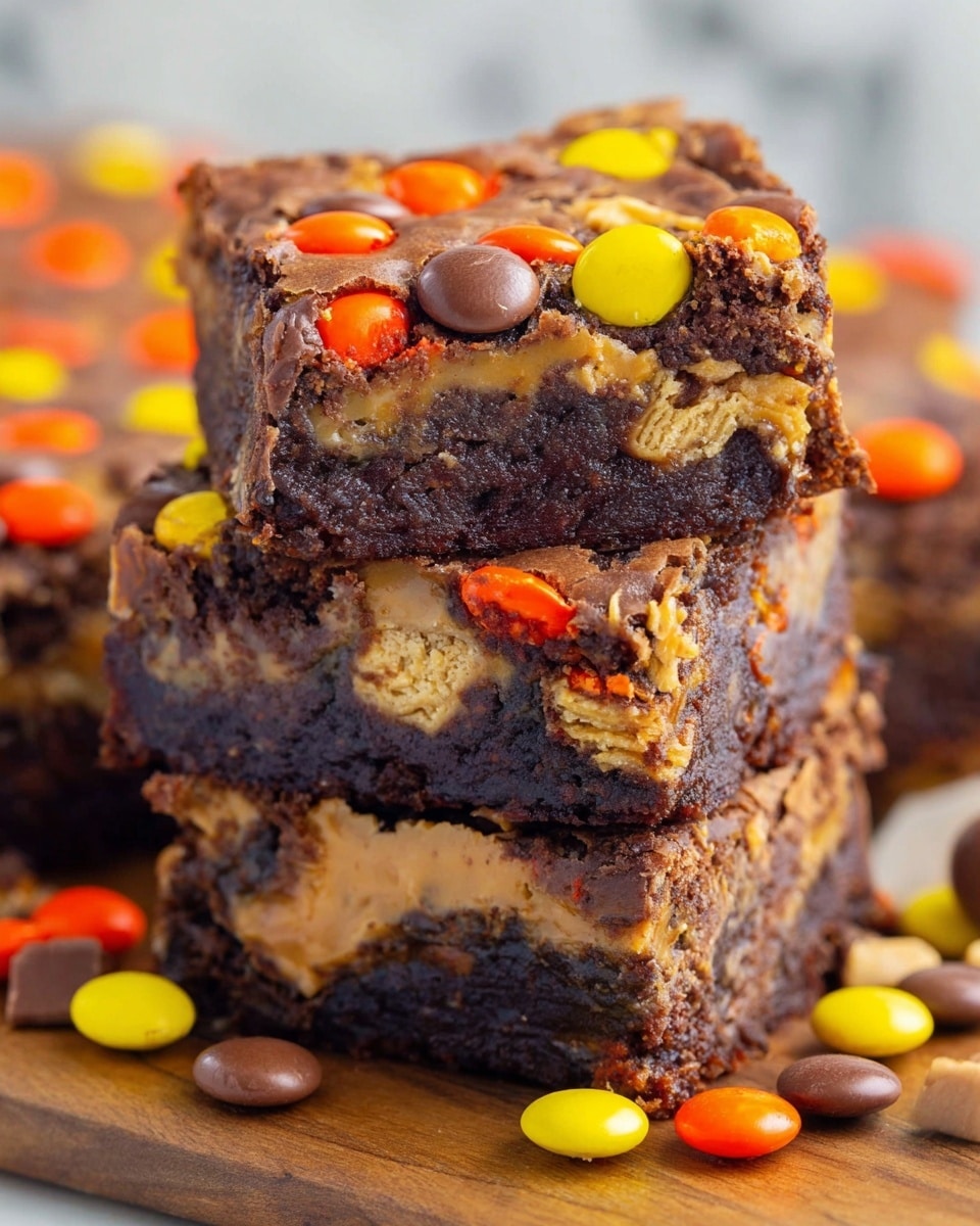 A close-up of three stacked chocolate brownies filled with peanut butter pockets and topped with colorful candy pieces in bright orange, yellow, and brown. Each brownie has a rich, dark brown base with visible swirls of creamy peanut butter creating light brown patches inside. The top layer is scattered with shiny candy coating pieces in vibrant colors, adding texture and brightness. Around the bottom brownie, scattered chocolate and peanut butter candies rest on a wooden surface with a white marbled background softly blurred behind. The focus shows the gooey middle layers and crunchy candy toppings clearly. photo taken with an iphone --ar 4:5 --v 7