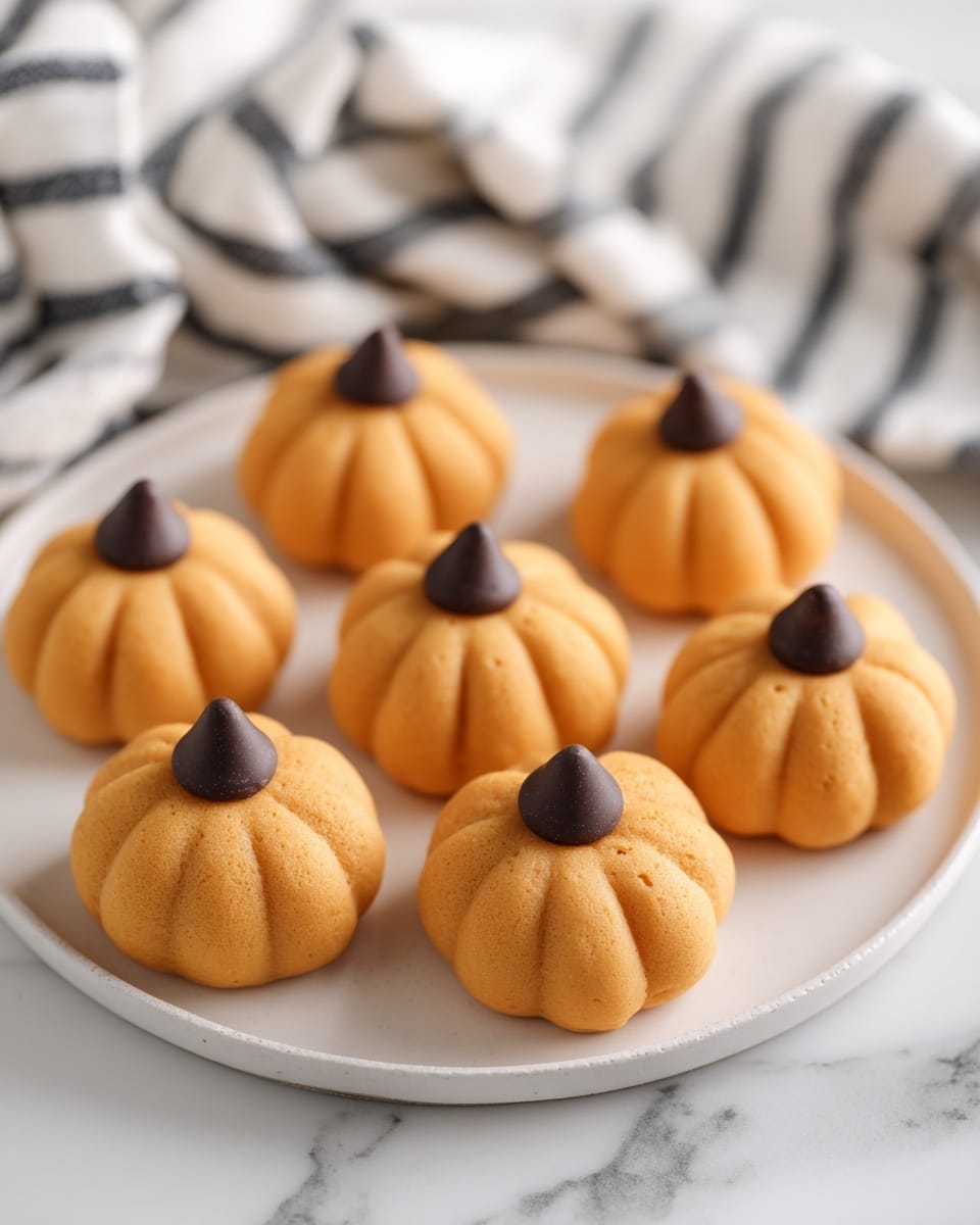 The image shows a white plate with eight small pumpkin-shaped treats made of smooth orange dough. Each pumpkin has shallow lines running vertically, giving it a rounded, segmented look. On top of each pumpkin is a single dark brown chocolate drop, acting as the pumpkin's stem. The plate sits on a white marbled surface with a black and white striped cloth blurred in the background. The lighting is soft and natural, highlighting the matte texture of the pumpkins and the slight shine of the chocolate drops. photo taken with an iphone --ar 4:5 --v 7