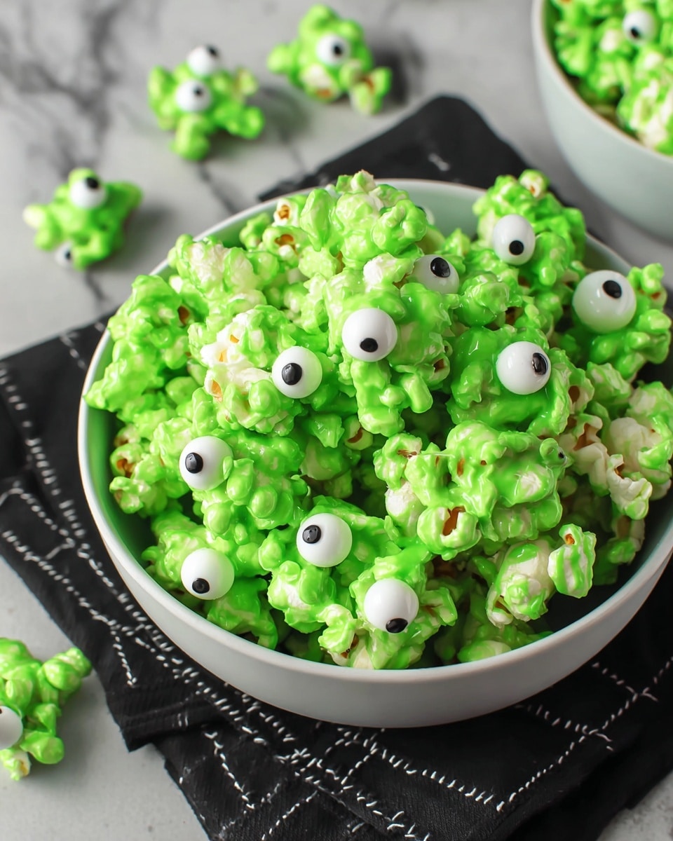 Two white bowls sit on a white marbled surface, each filled with bright green popcorn clusters. The popcorn is coated in a smooth, glossy green layer and is sprinkled with small, round candy eyes that add a playful look. The bowl in the front is placed on a black cloth with a white stitch pattern, and scattered candy eyes are around it. In the background, there are two small pumpkins, one orange and one pale cream, slightly out of focus. The overall look is colorful and fun, with the green popcorn standing out against the soft, neutral background. photo taken with an iphone --ar 4:5 --v 7